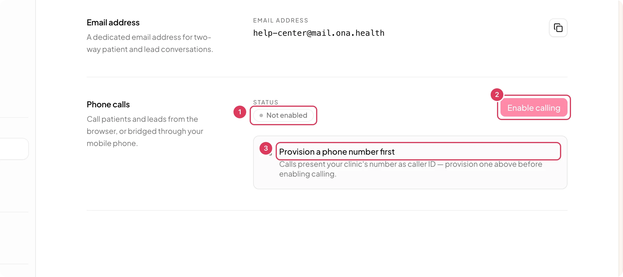 The Phone calls settings card is visible, showing calling is not enabled and the disabled Enable calling button because a phone number must be provisioned first.