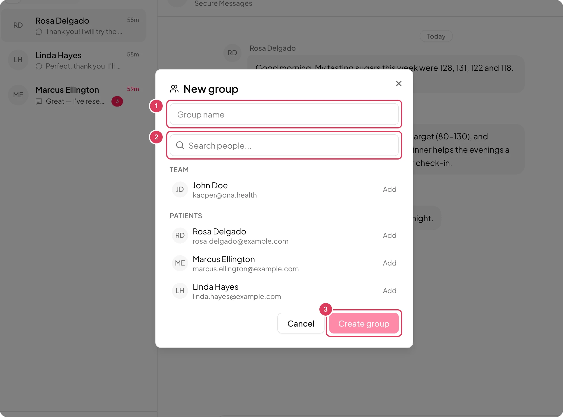 The New group dialog is open from the Omnichannel inbox, showing the group name field, search people field, patient add buttons, and disabled Create group action.