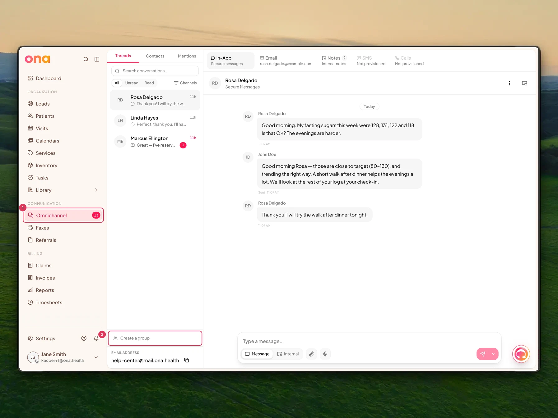 The Omnichannel inbox is open on Threads with the Omnichannel sidebar link and the Create a group button at the bottom of the inbox sidebar highlighted.