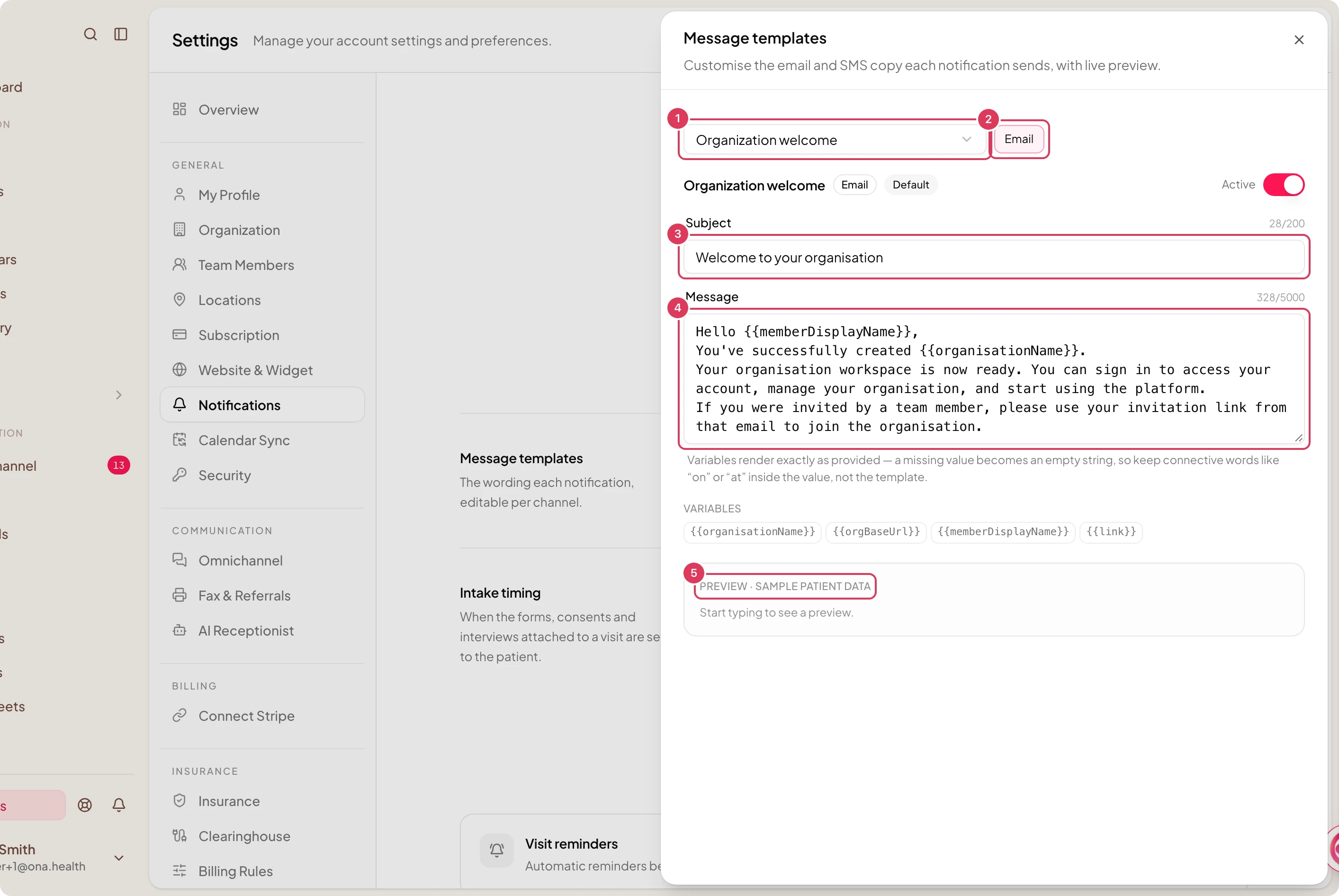 The Message templates side panel is open with an email template selected, showing the notification picker, Email channel, subject and message editors, and preview area.