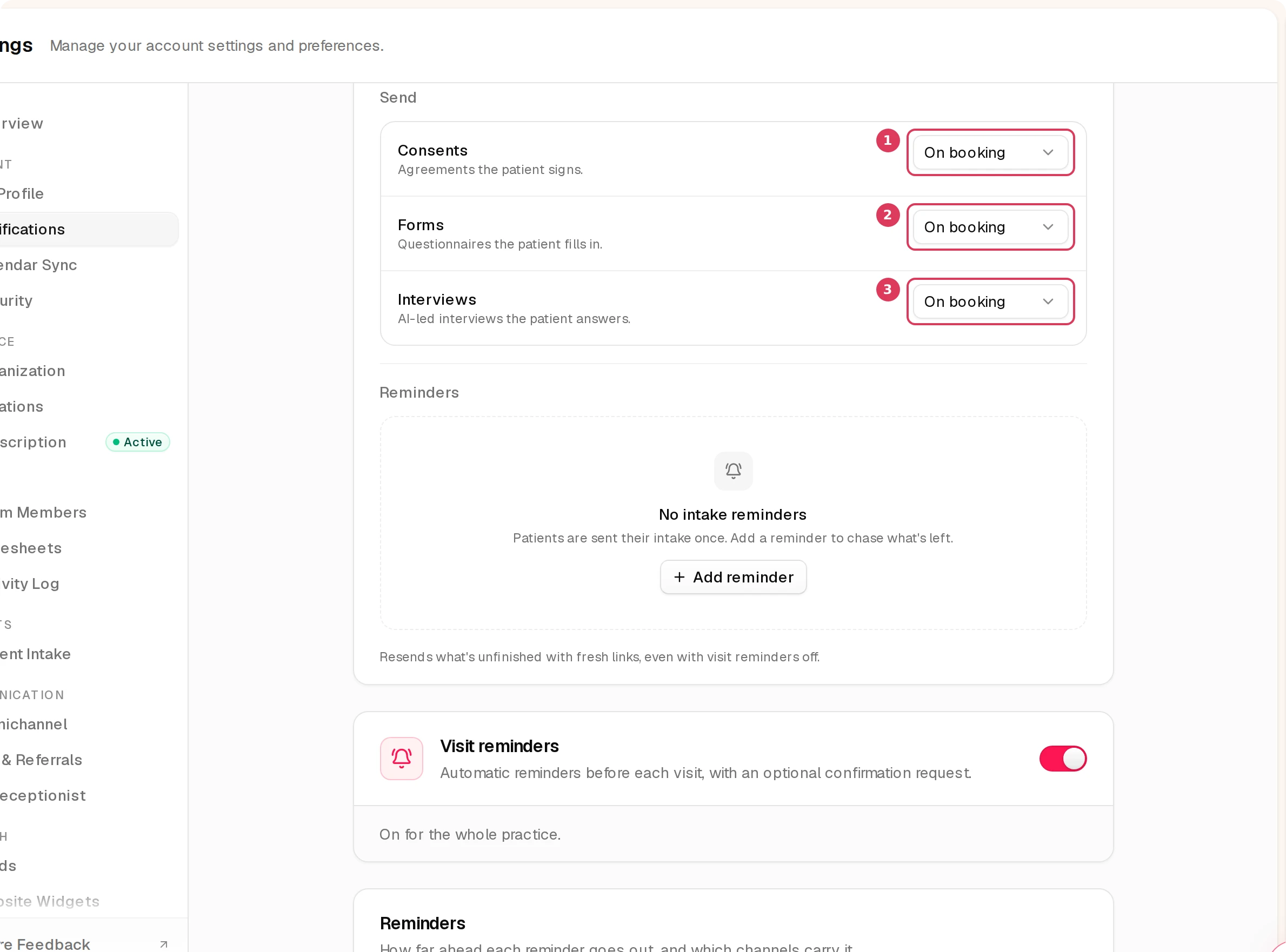 The Intake section on the Notifications settings page shows separate timing selectors for consents, forms, and interviews, each currently set to On booking.