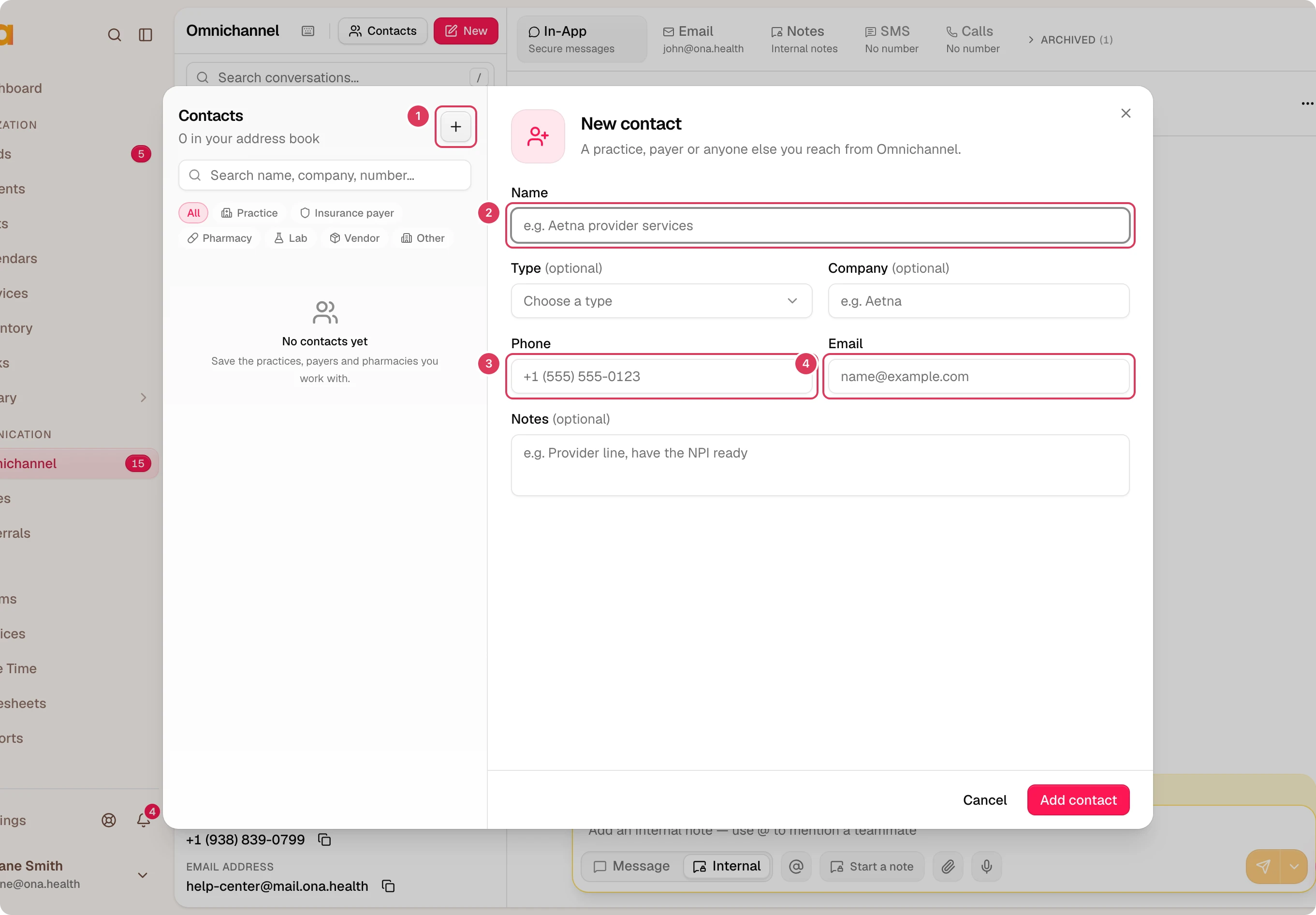 The Contacts dialog is open on the New contact form, with fields for name, type, company, phone, email, and notes, plus Cancel and Add contact actions.