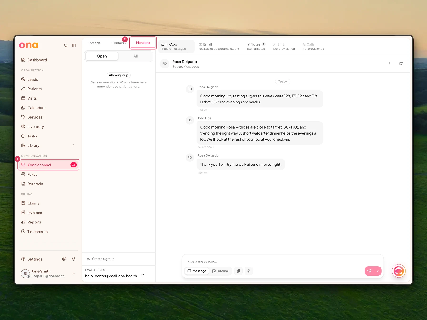 The Omnichannel inbox is open with the Omnichannel link in the main sidebar and the Mentions tab in the inbox sidebar highlighted.