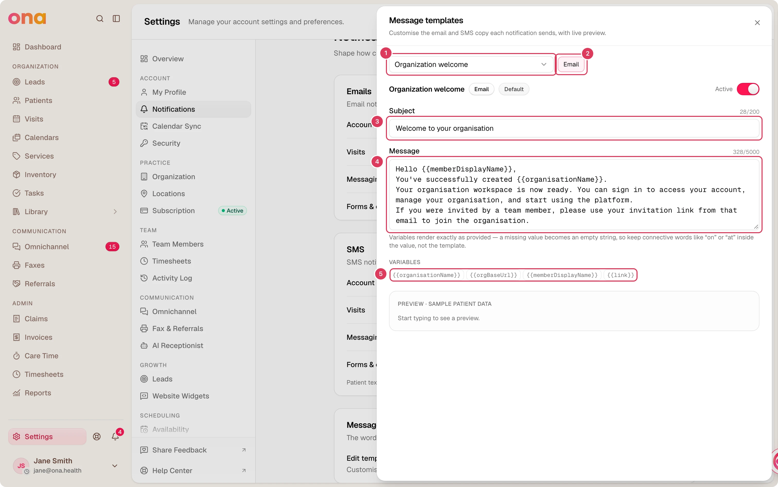 The message-template editor dialog is open with a notification picker, an Email channel button, Subject and Message fields, a Variables section, and the rest of the page dimmed behind it.