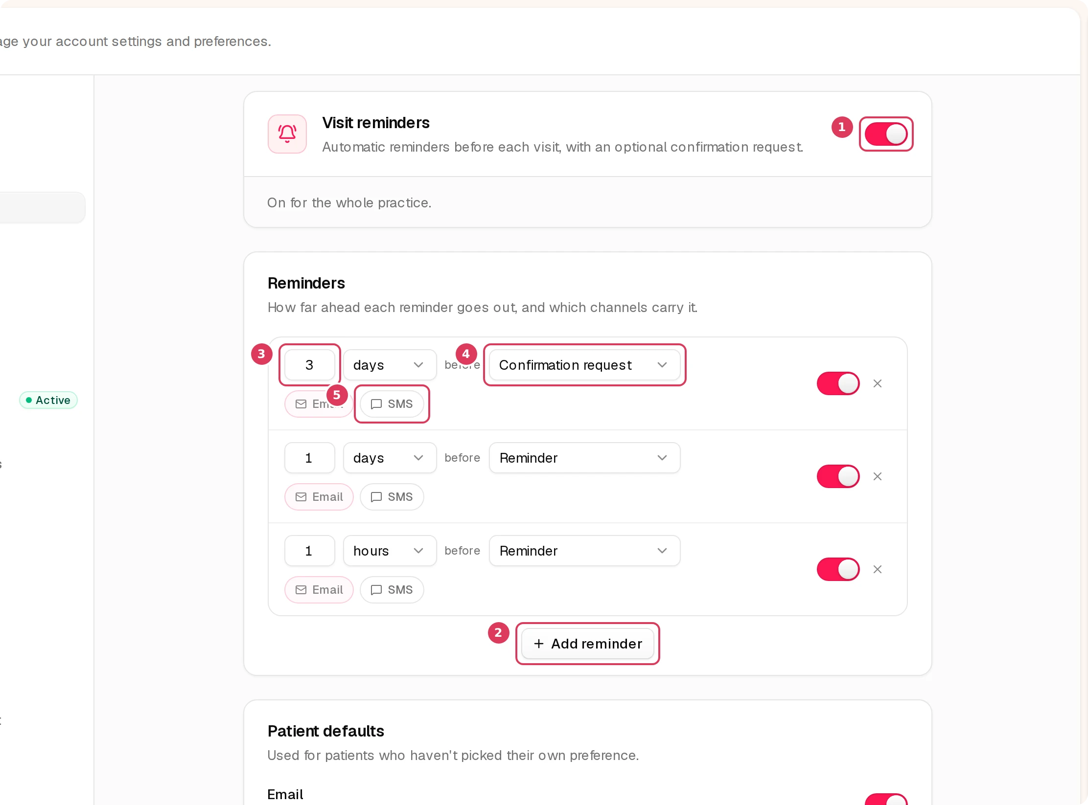 The Notifications settings page is open with the Visit reminders switch on and the Reminders section showing reminder rows with time, kind, and channel controls, plus an Add reminder button.