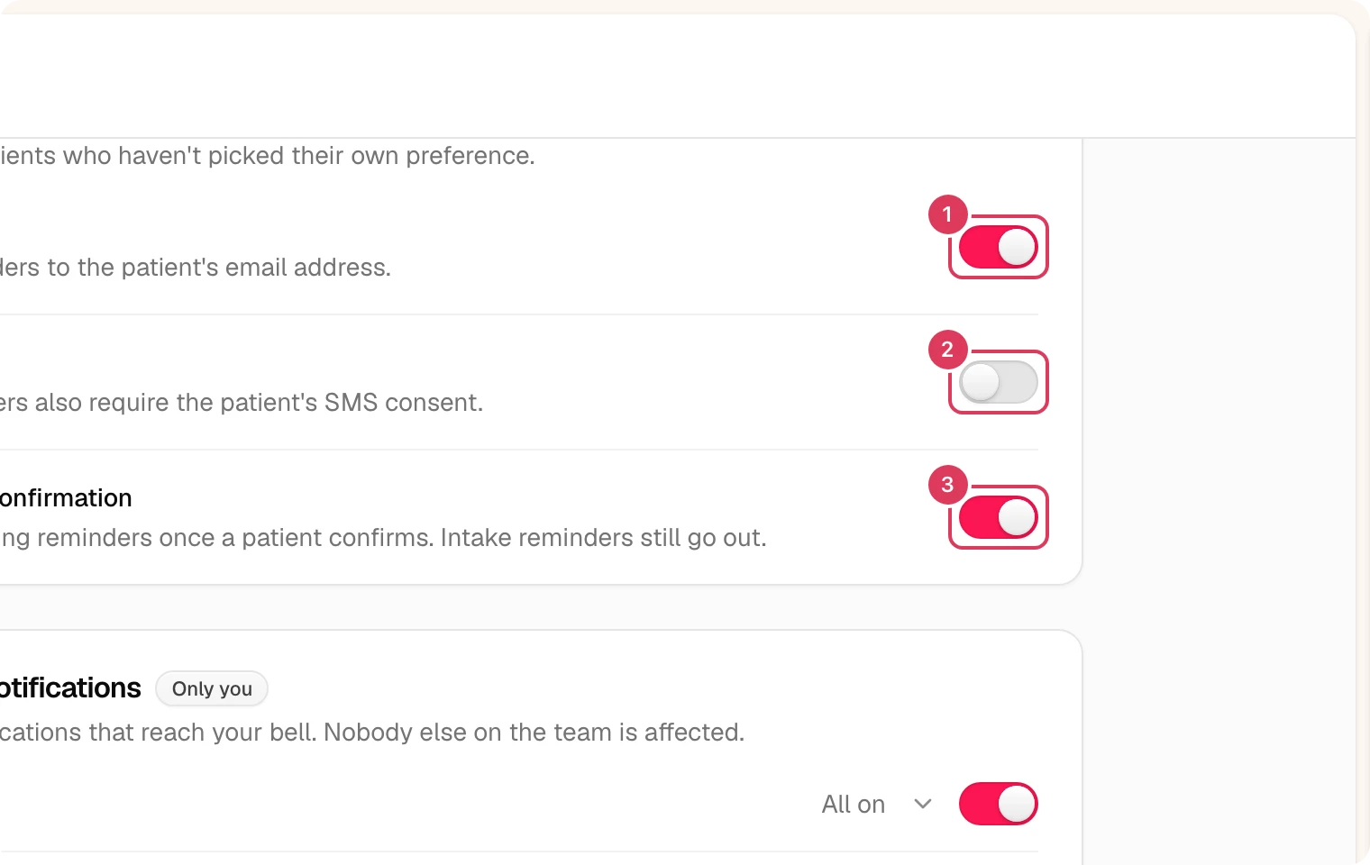 The Patient defaults section shows the Email, SMS, and Stop after confirmation switches used for visit reminders.