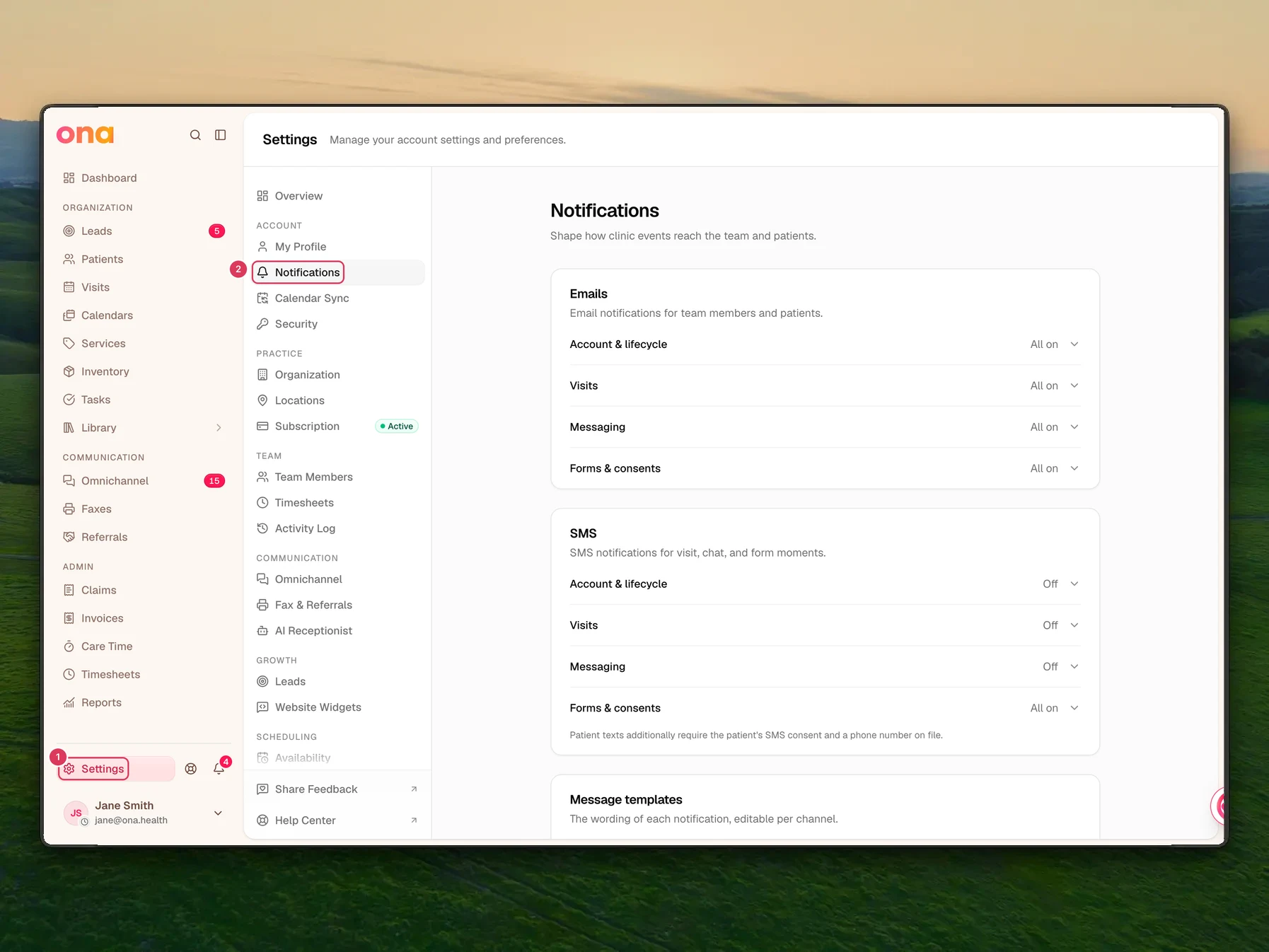 The Notifications settings page is open with Settings highlighted in the left sidebar and Notifications highlighted in the settings menu.
