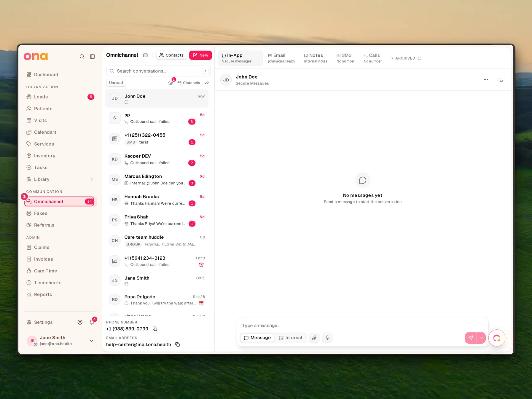 The Omnichannel page is open with the Omnichannel link highlighted in the left sidebar and the inbox list visible in the main area.