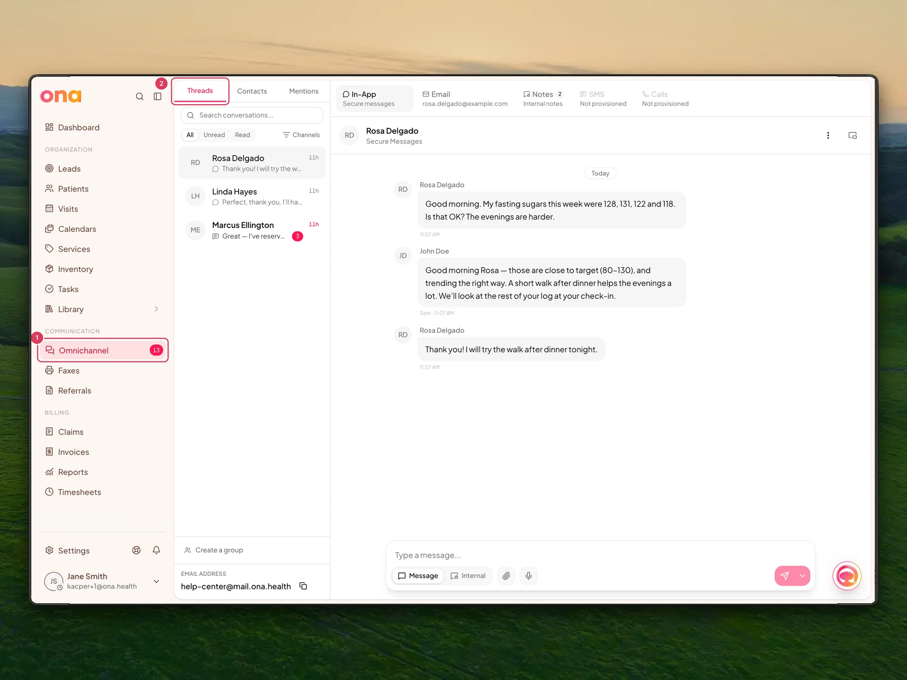 The Omnichannel inbox is open with the main sidebar Omnichannel link and the Threads tab in the inbox sidebar highlighted.