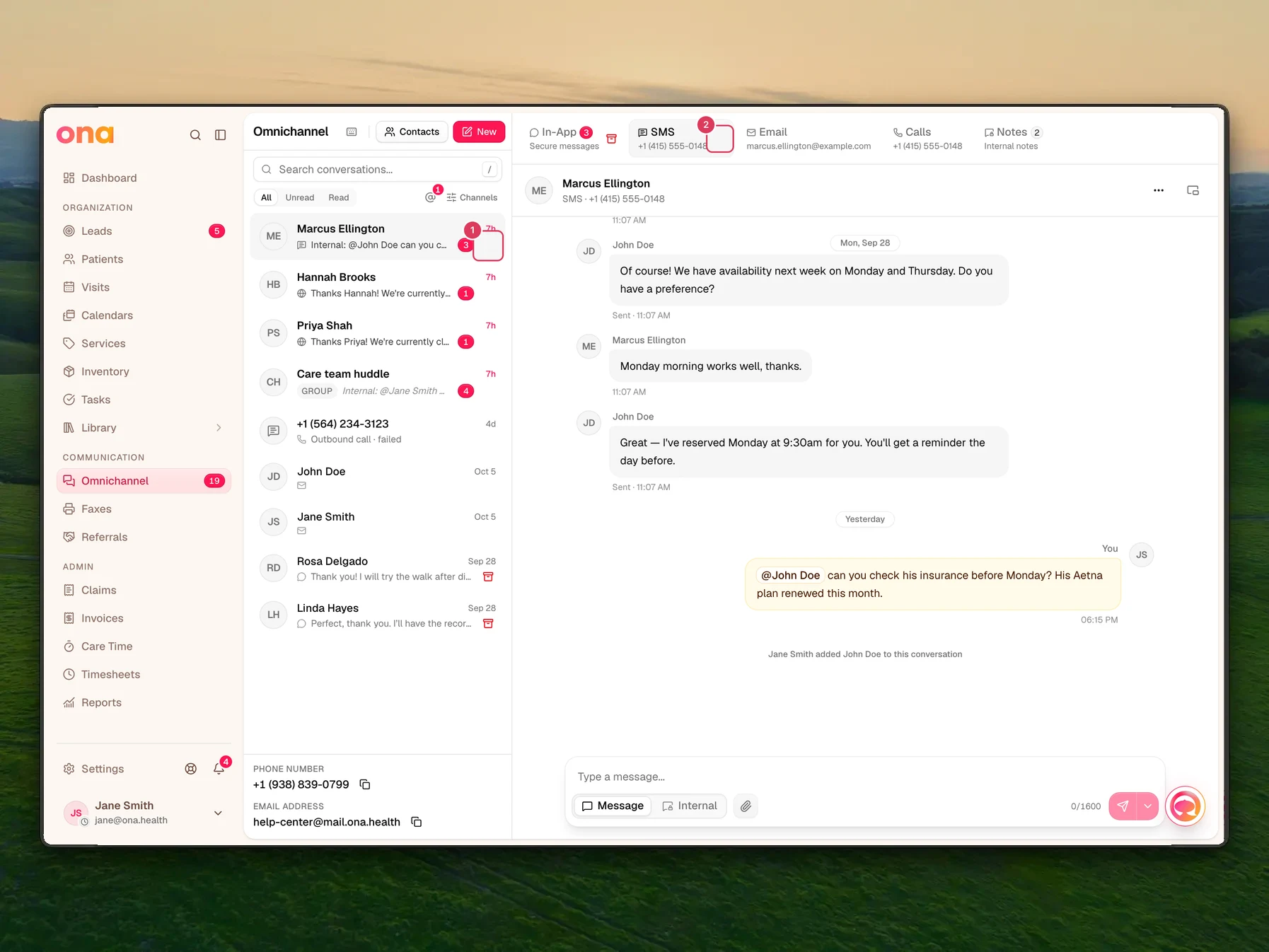 The Omnichannel inbox page shows the conversation list with Archive conversation buttons on rows and an Archive channel button in the thread header.