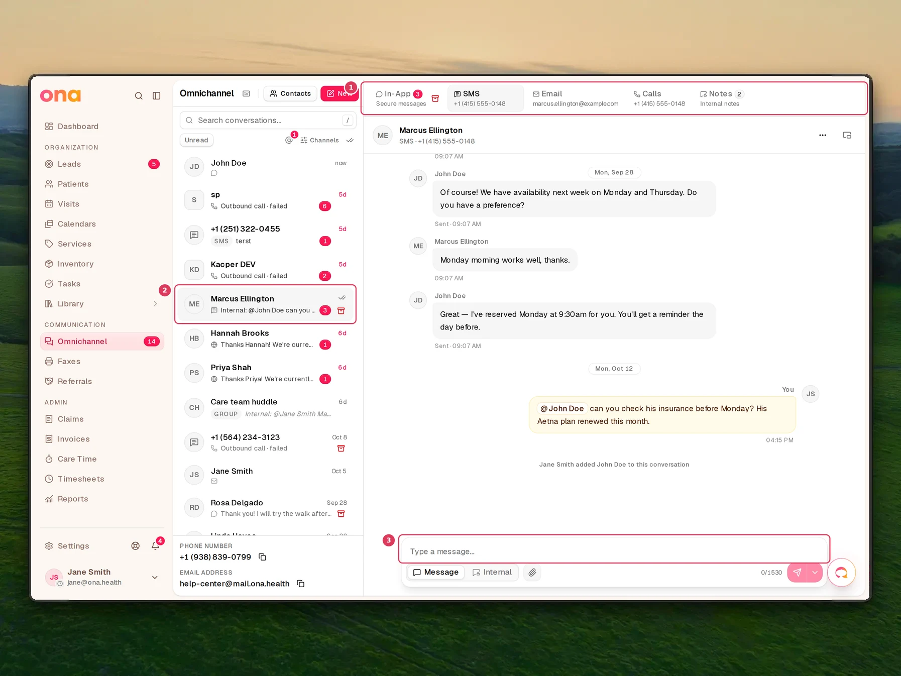 Marcus Ellington's conversation is open with the channel tabs, the selected person row, and the message composer visible for switching between channels.