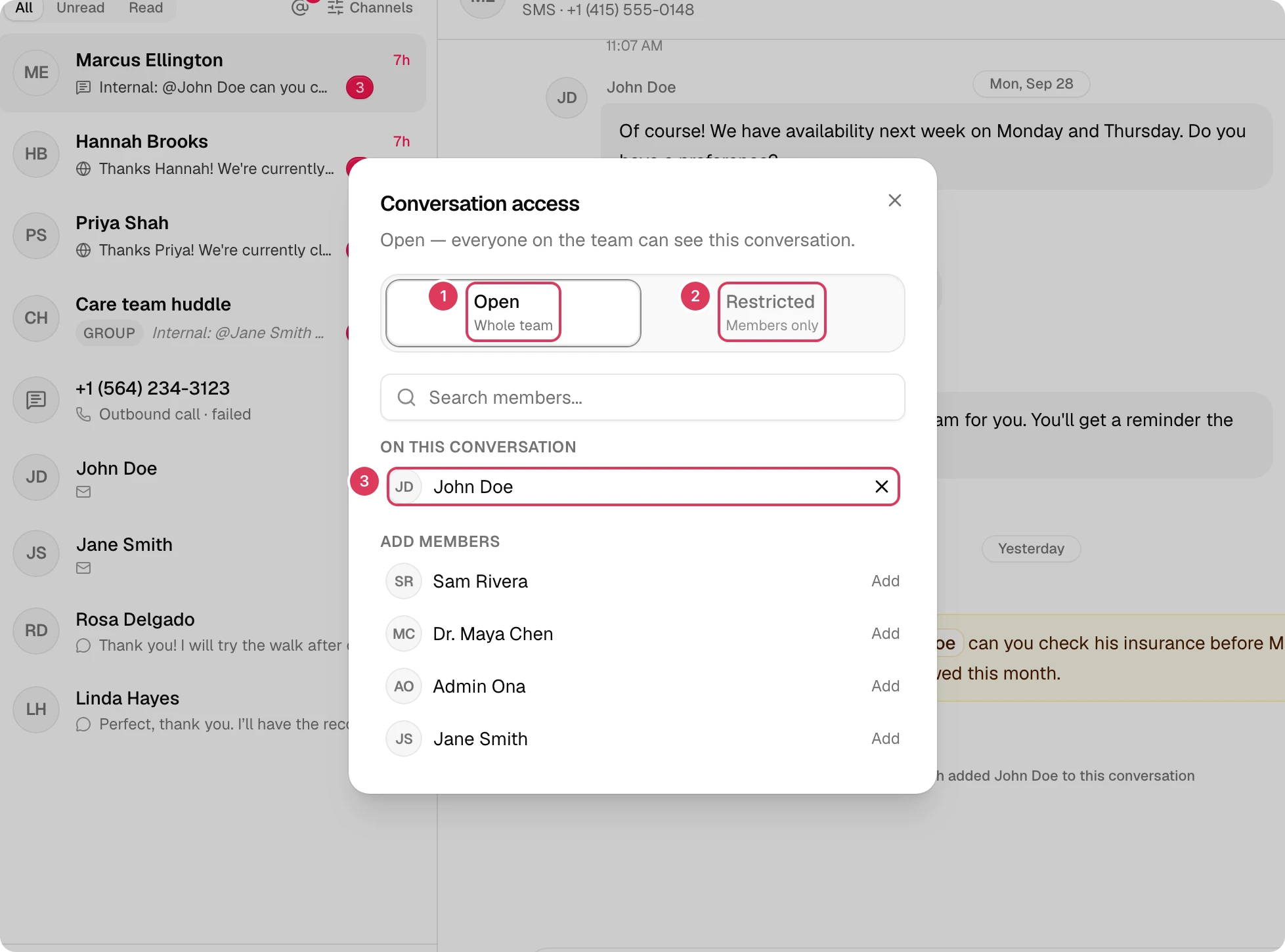 The Conversation access dialog is open with Open and Restricted membership options and a members list showing who currently has access.
