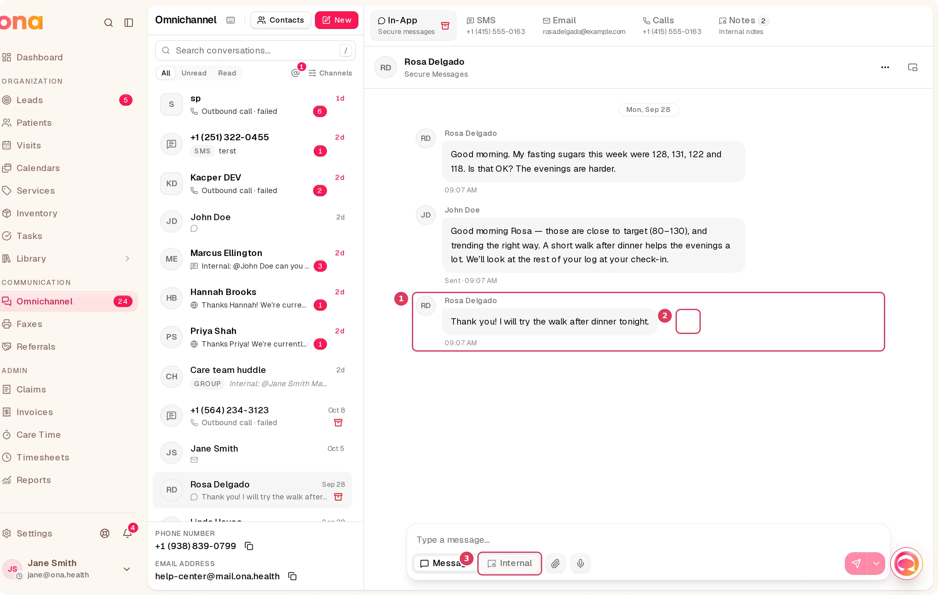 An omnichannel conversation view shows patient and team message bubbles in the thread, message actions on a selected message, and the composer’s Internal mode for team-only notes.