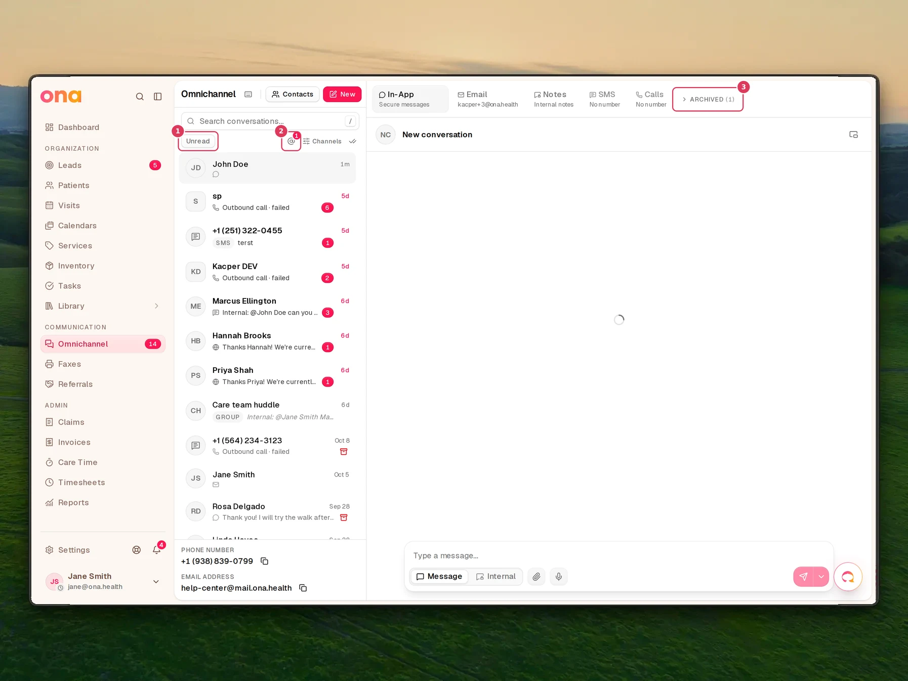 The omnichannel inbox shows unread controls on a thread row and on Mentions, alongside the list where archived activity can bring a conversation back into view.