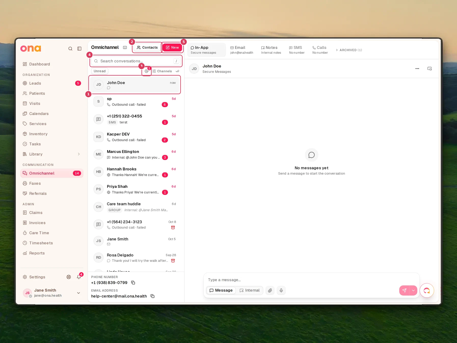 The Omnichannel inbox page is open with the thread list on the left, Contacts, Mentions, the search box and filters across the top, and the New button for starting a conversation or group.