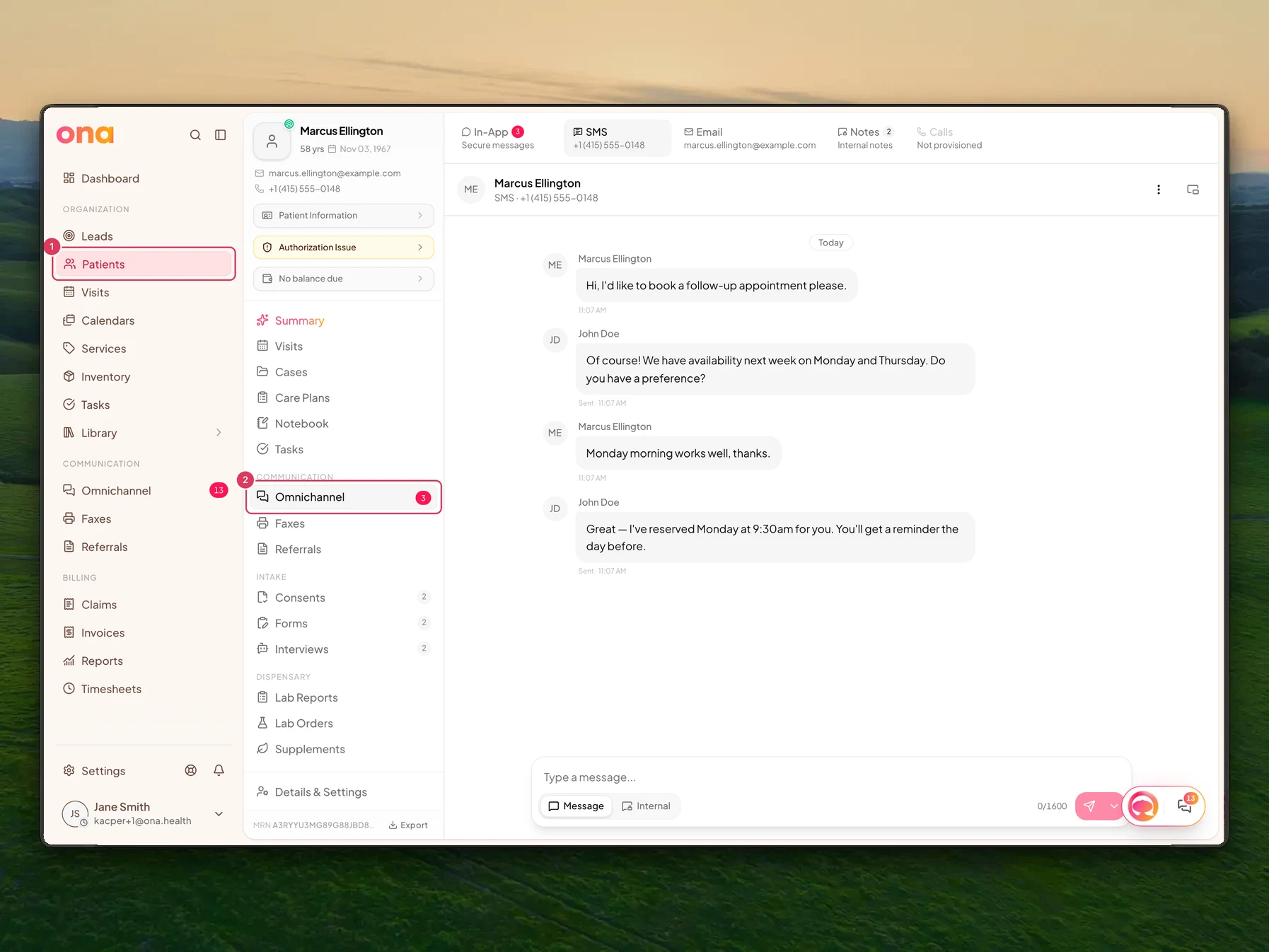Marcus Ellington's patient chart is open with Patients highlighted in the main sidebar and the Omnichannel item highlighted in the patient chart section navigation.