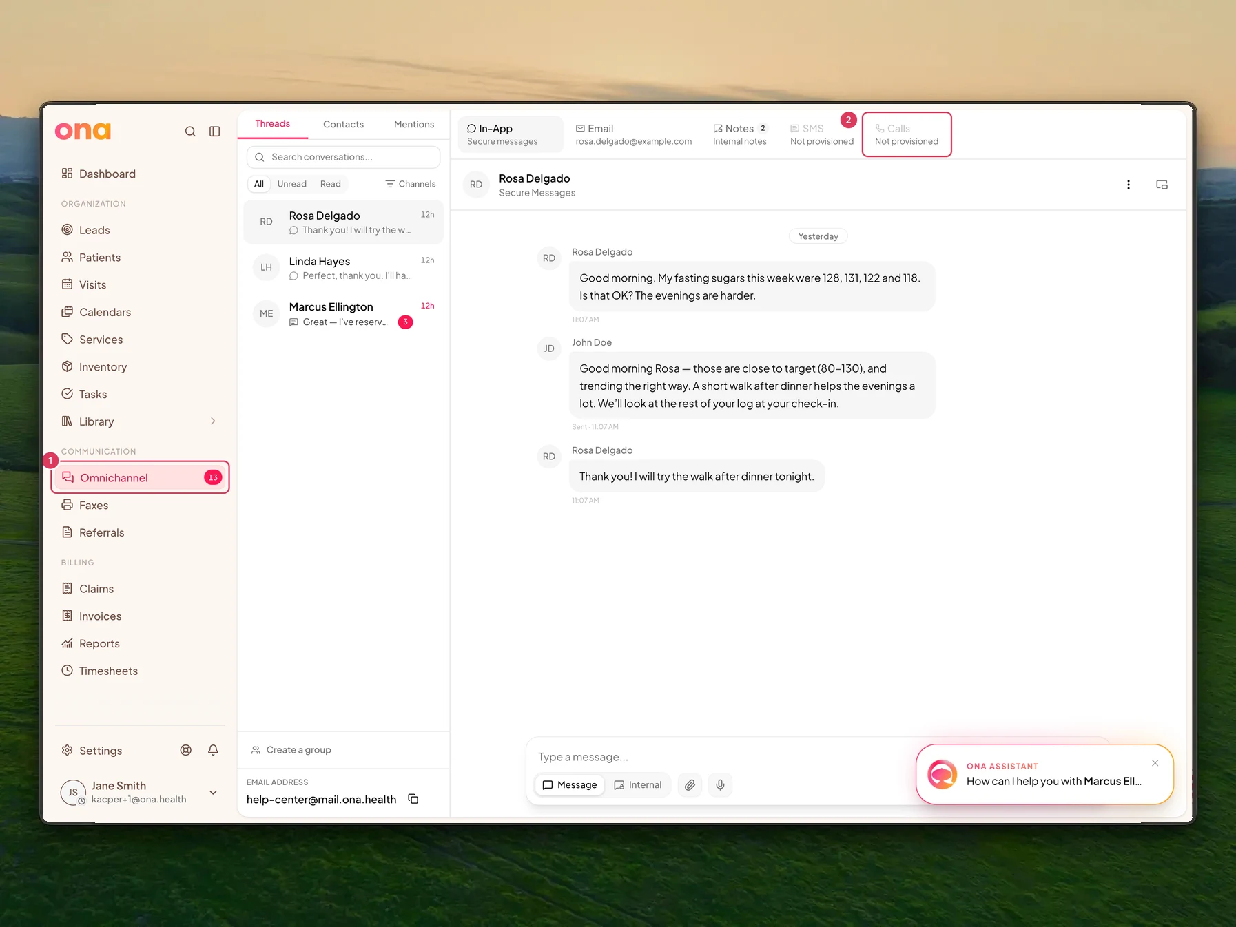 The Omnichannel workspace is open with the main sidebar on the left and the Calls tab visible in the conversation channel tabs.