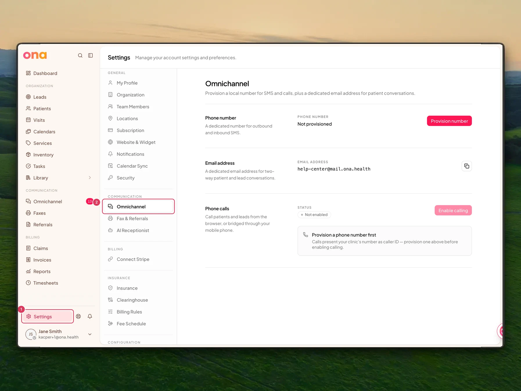 The Omnichannel settings page is open with Settings highlighted in the main sidebar and Omnichannel highlighted in the settings navigation menu.