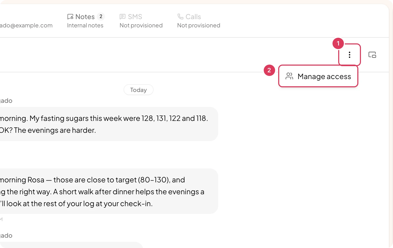 The Omnichannel inbox is open with the Conversation menu expanded, showing the Manage access action for the current conversation.