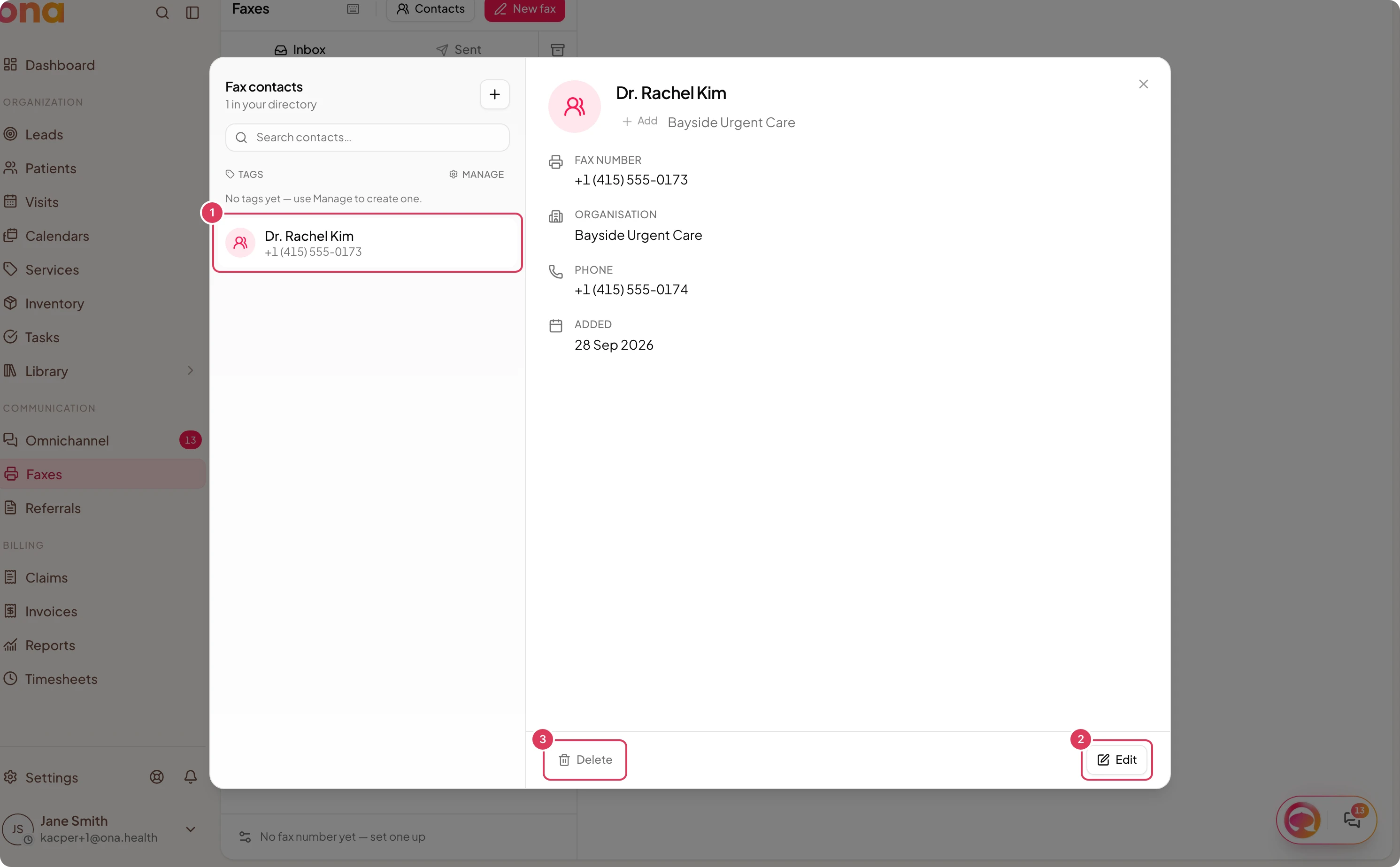 The Fax contacts dialog shows Dr. Rachel Kim selected, with the contact details and Edit and Delete buttons available.
