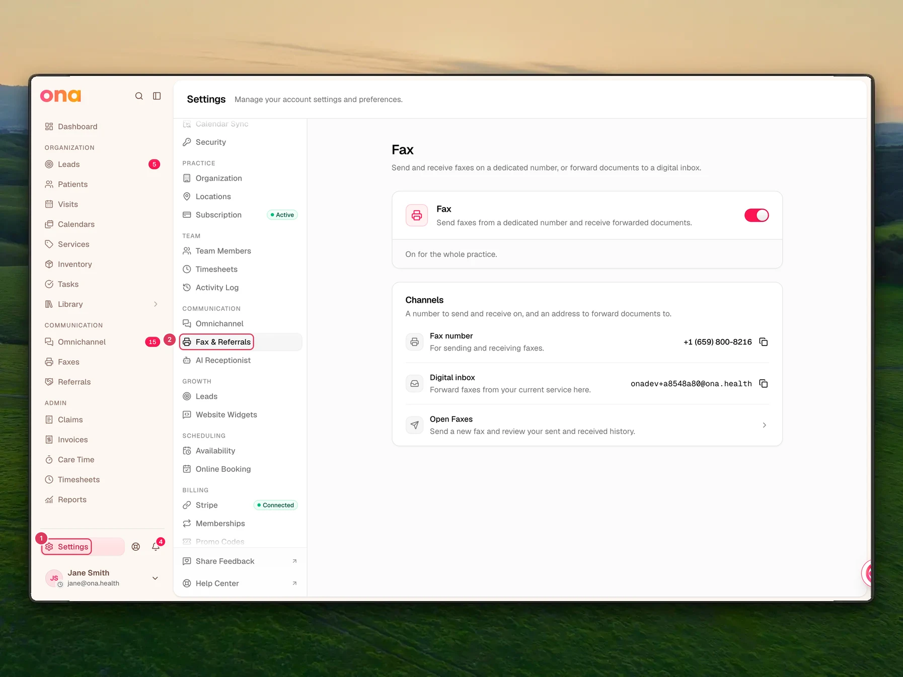 The Settings page is open, with Settings selected in the left sidebar and Fax & Referrals visible under Communication in the settings menu.