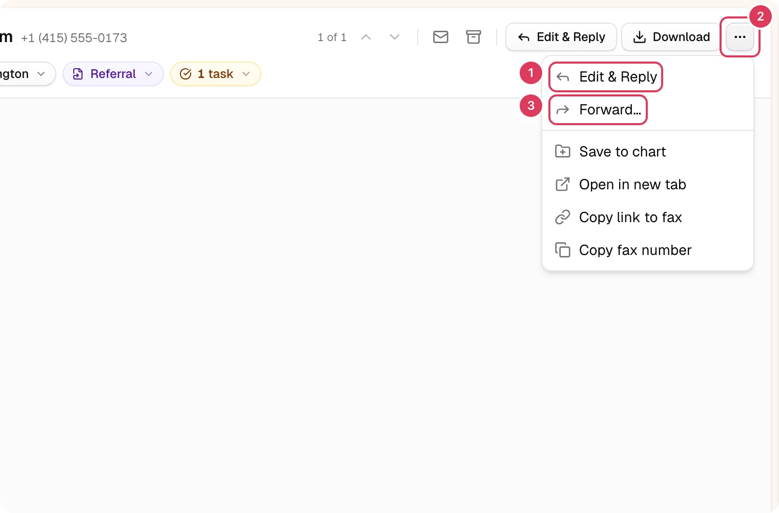 The fax actions menu shows the Edit & Reply and Forward options for an incoming fax.