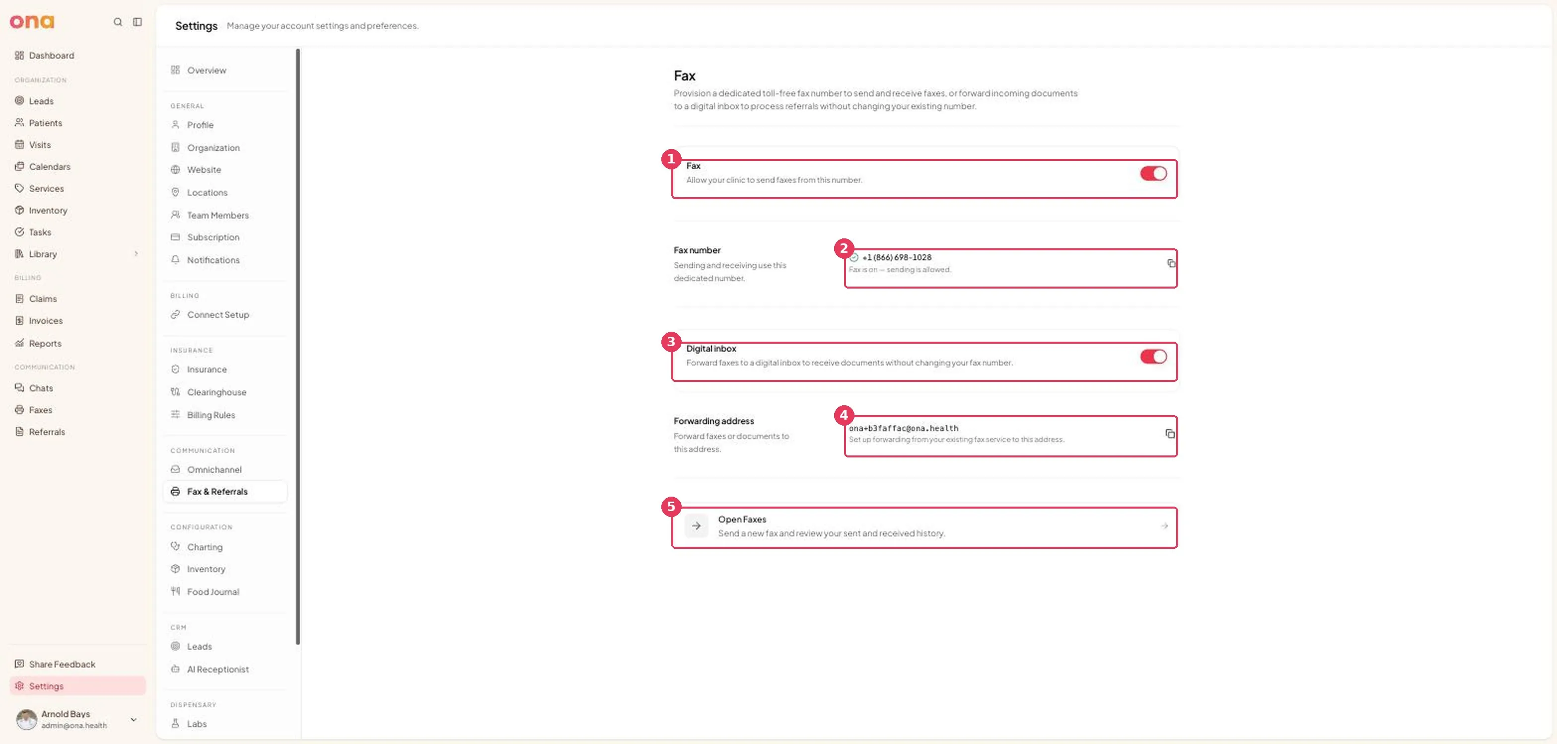 The Fax settings page shows fax configuration options for the organization.