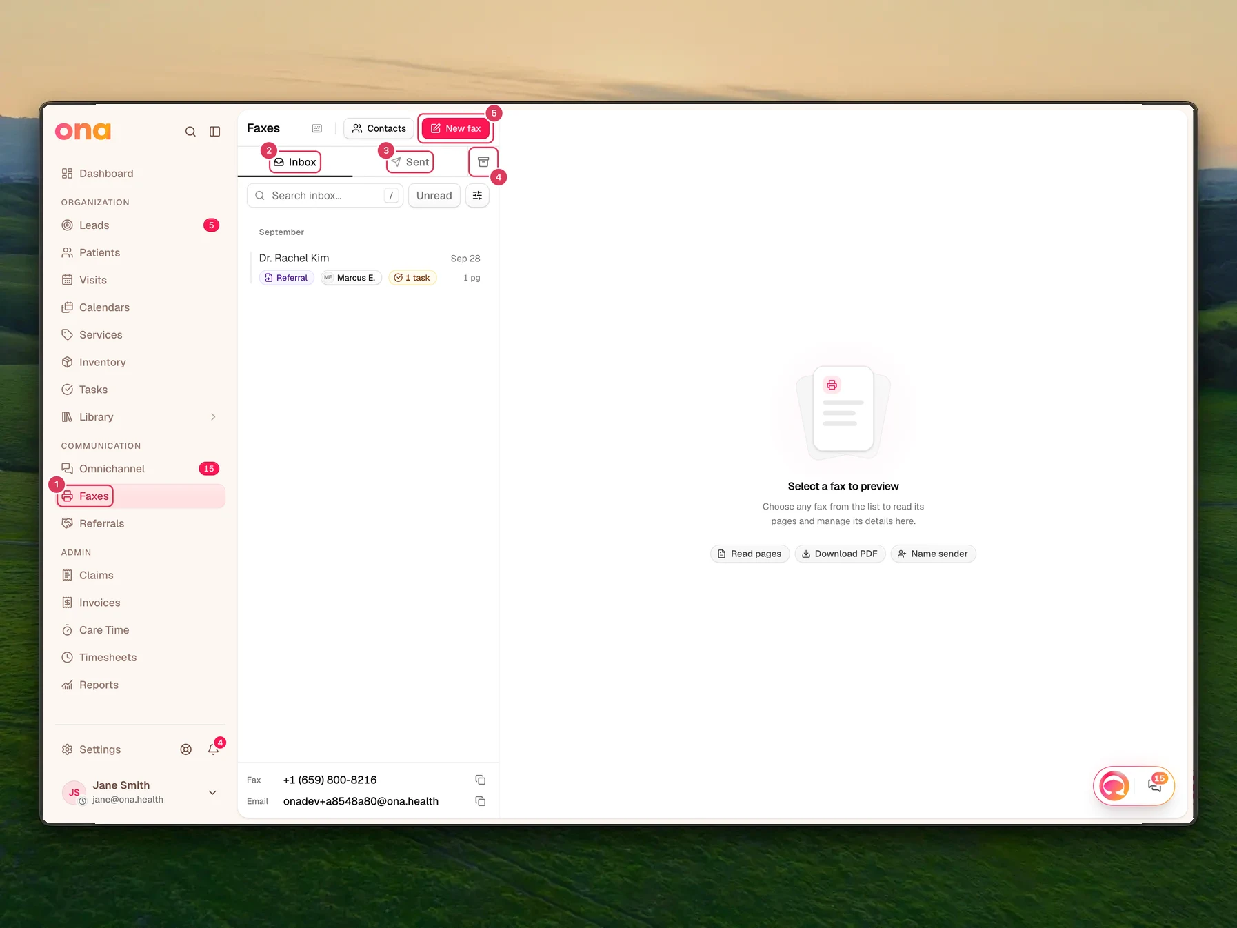 The Faxes inbox page is open with the Faxes sidebar link, Inbox and Sent tabs, an Archive button, a New fax button, and a list of received faxes below.