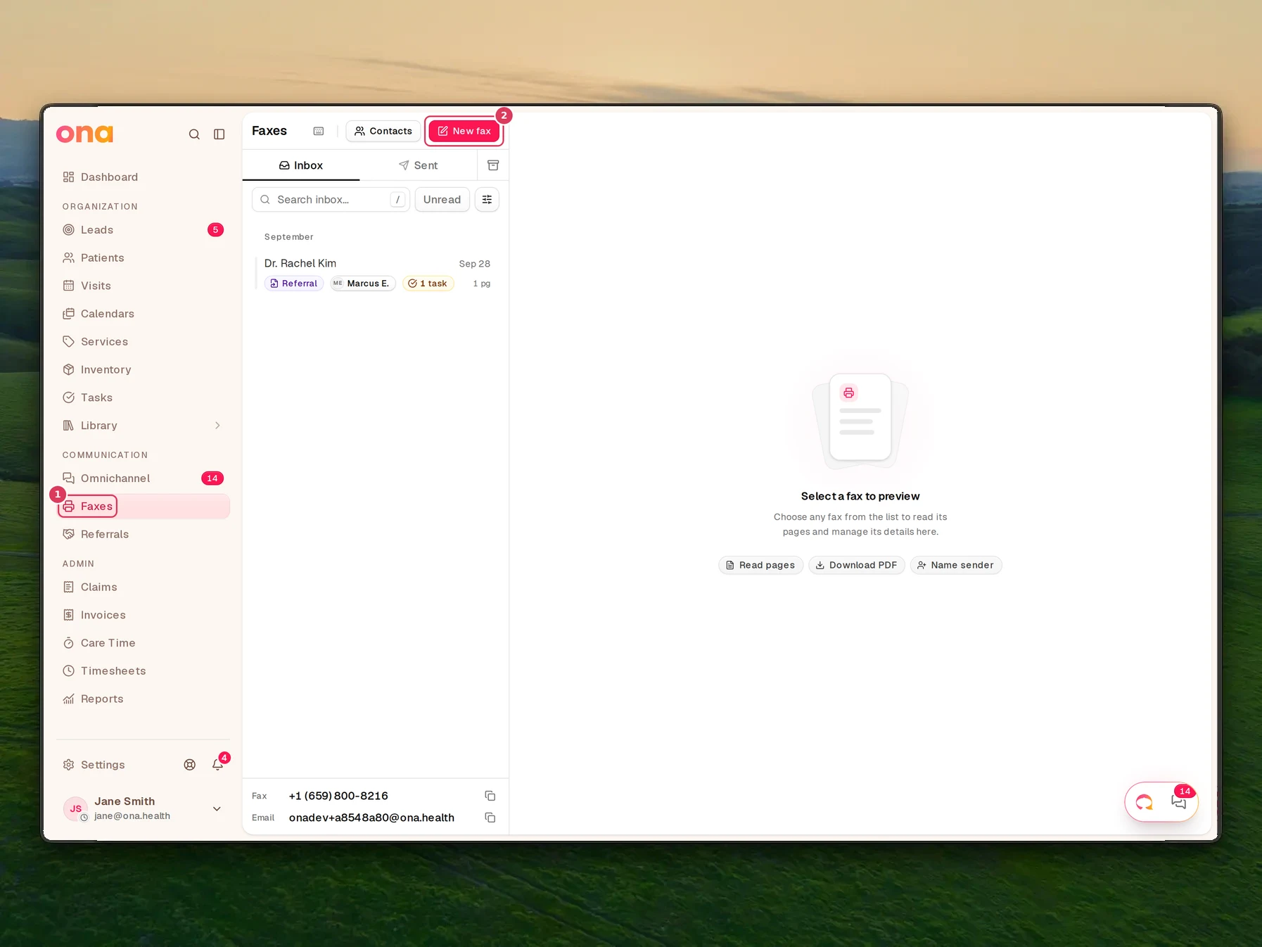 The Faxes page is open, with the Faxes link highlighted in the left sidebar and a New fax button in the main header for starting an outgoing fax.