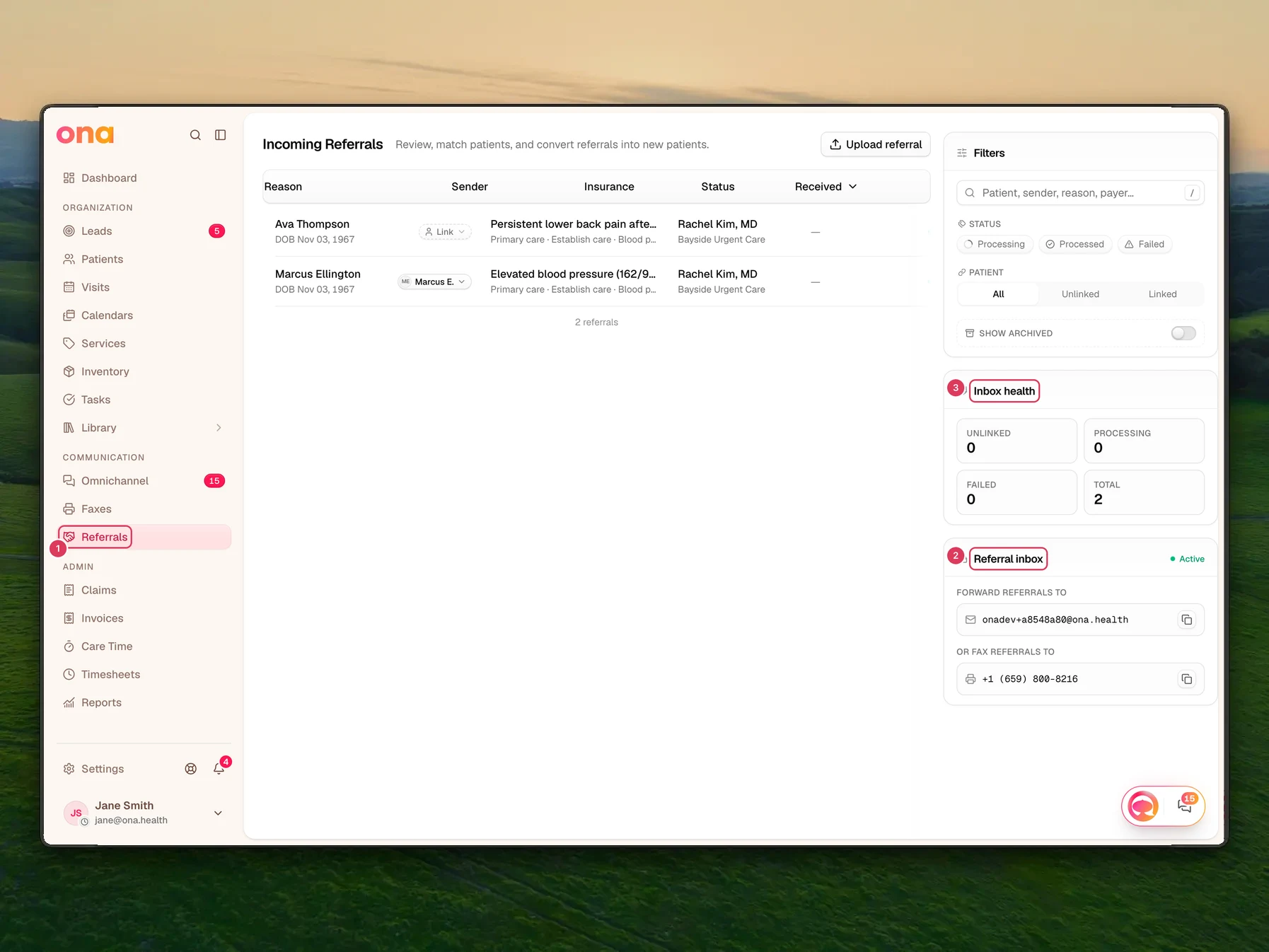 The Incoming Referrals page is open with Referrals selected in the left sidebar, the referral inbox panel on the right showing forwarding email and fax details, and the Inbox health summary below it.