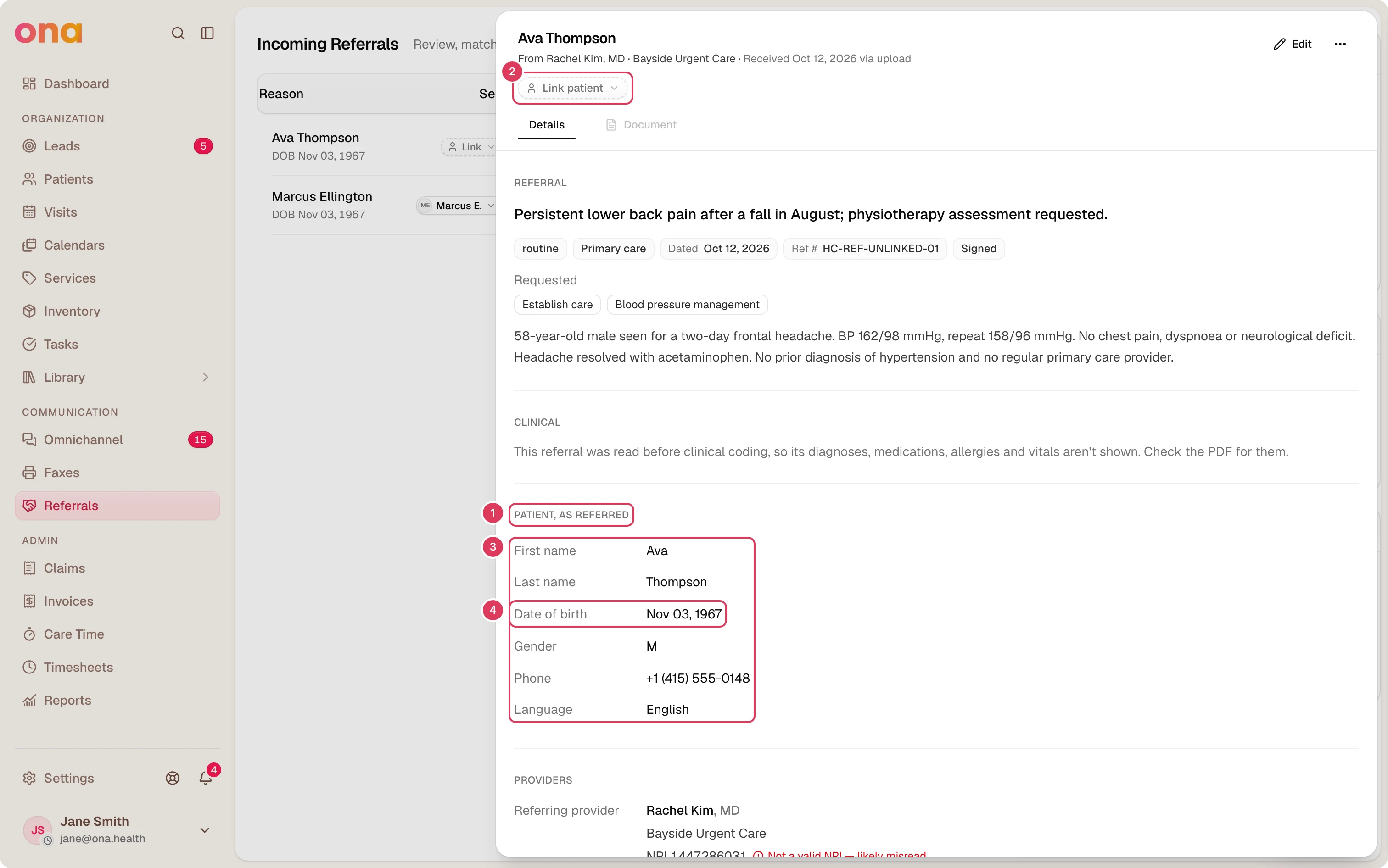 A referral detail sheet for Ava Thompson is open, showing the Patient, as referred section, a Link patient button, and the patient name and date of birth in the details below.