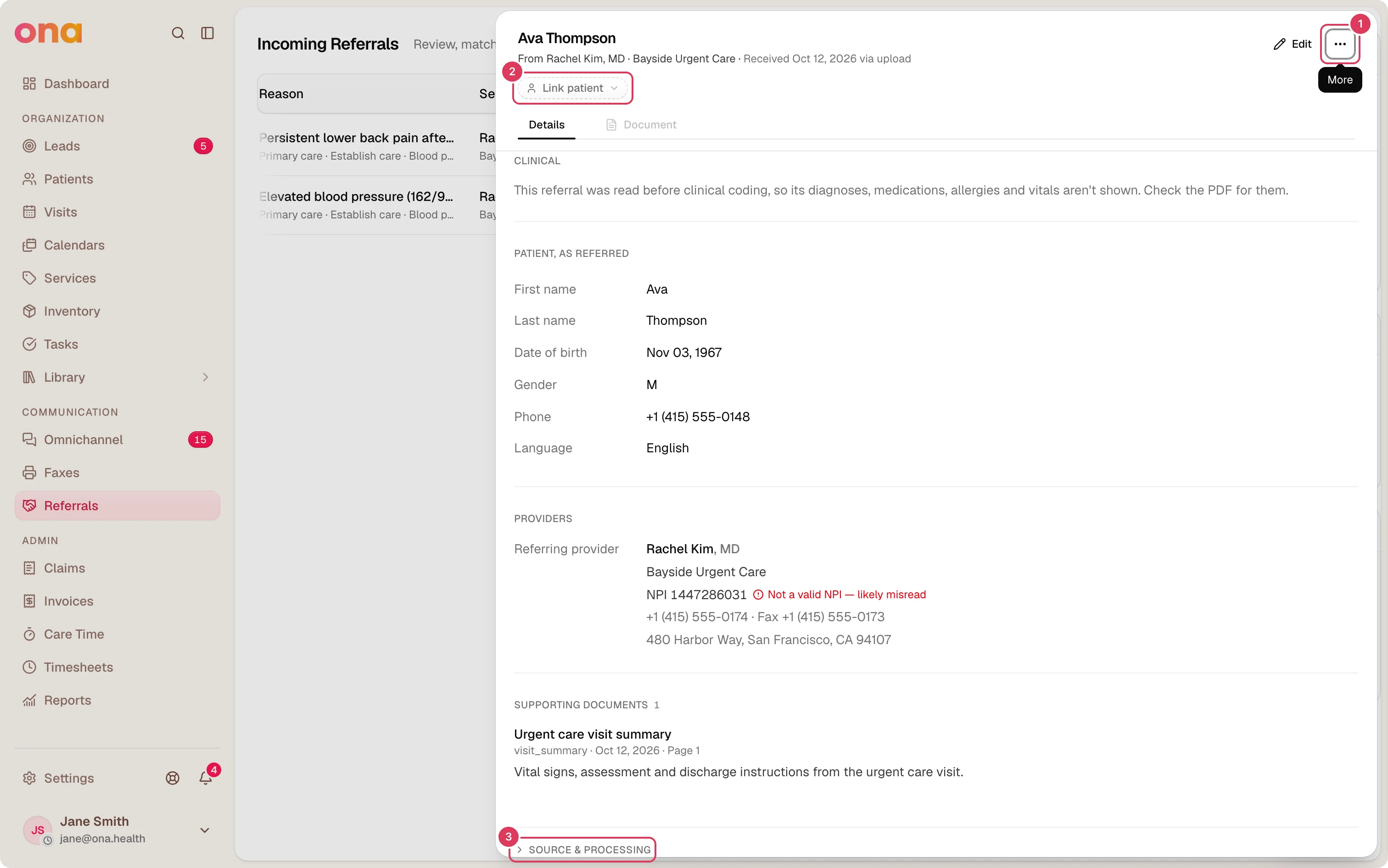 A referral detail dialog is open for Ava Thompson, with the referral summary, patient details, provider information, supporting documents, and controls to edit, open more actions, link a patient, and view source and processing.