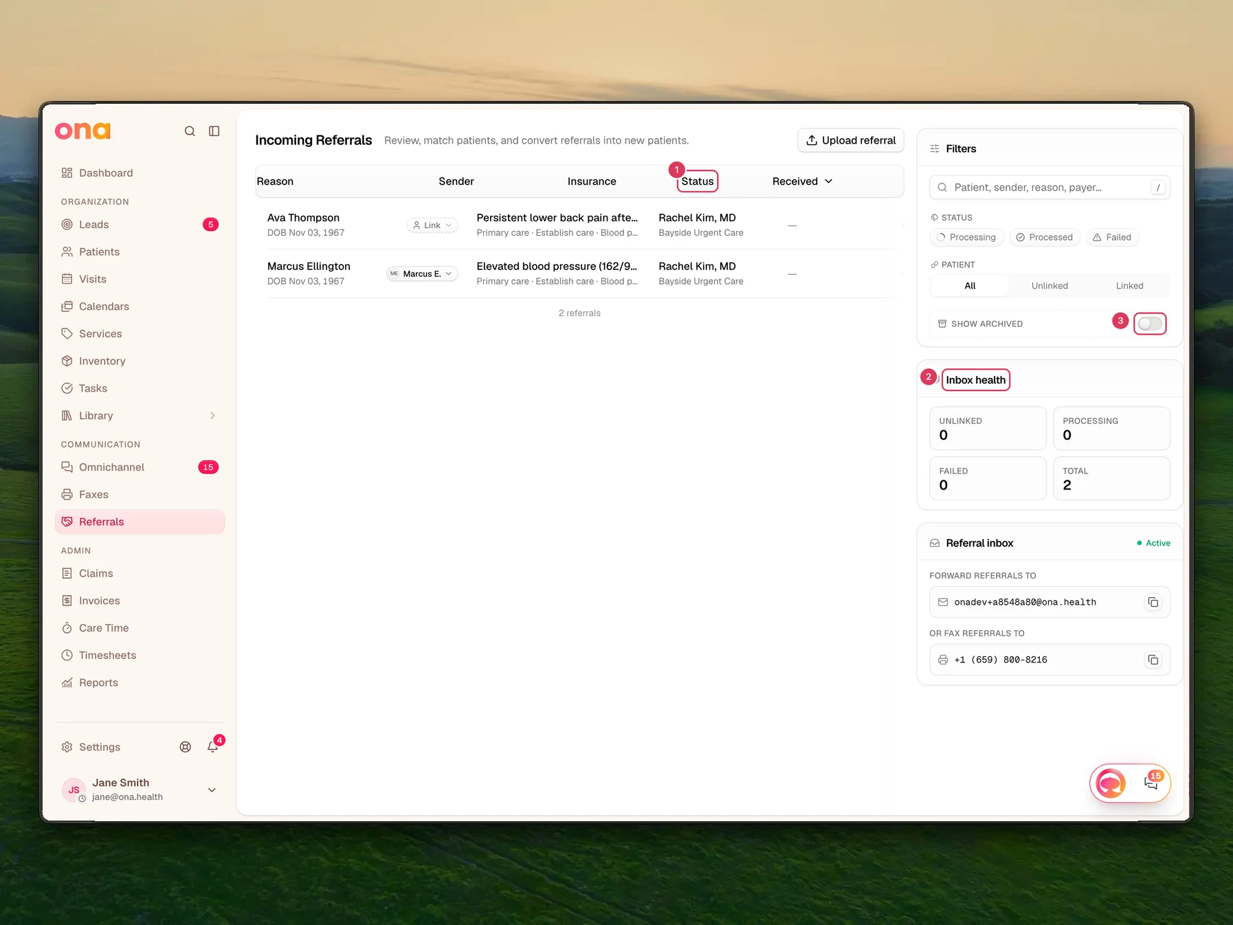 The incoming referrals inbox is open with the status column in the table, the inbox health summary in the sidebar, and the Show archived referrals switch in Filters.