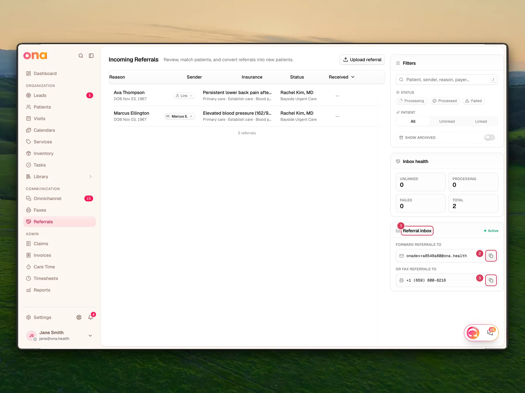 The Incoming Referrals page shows the referral inbox panel with the email and fax copy buttons alongside the referral table and inbox health summary.