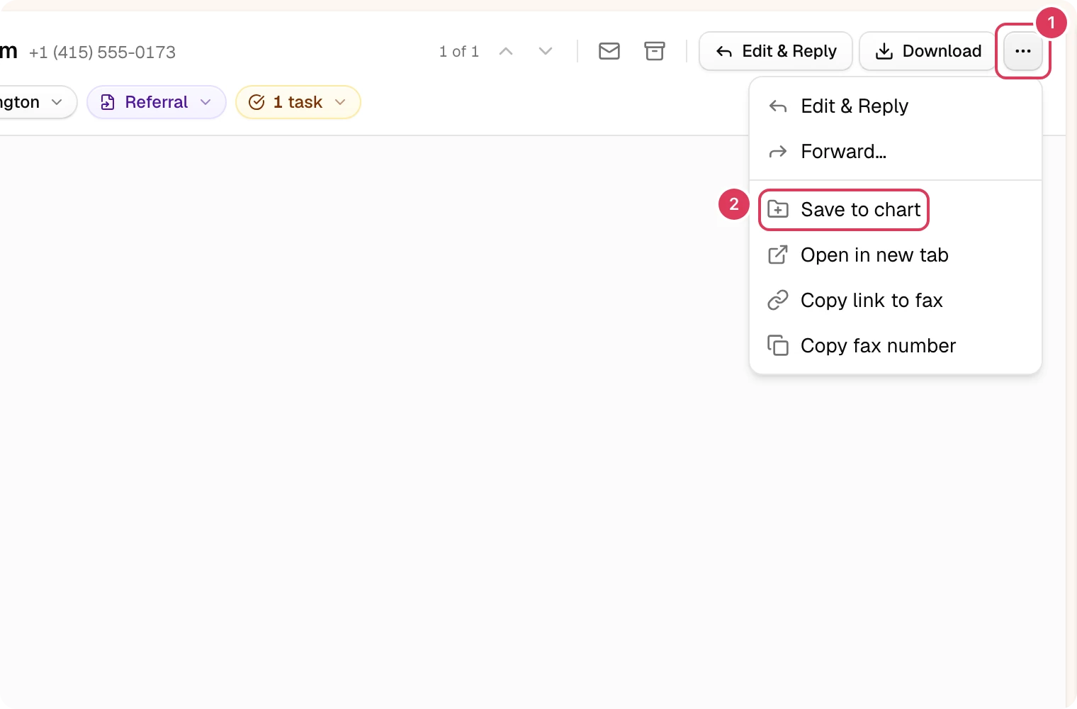 A fax is open with the More fax actions menu expanded and the Save to chart option highlighted.