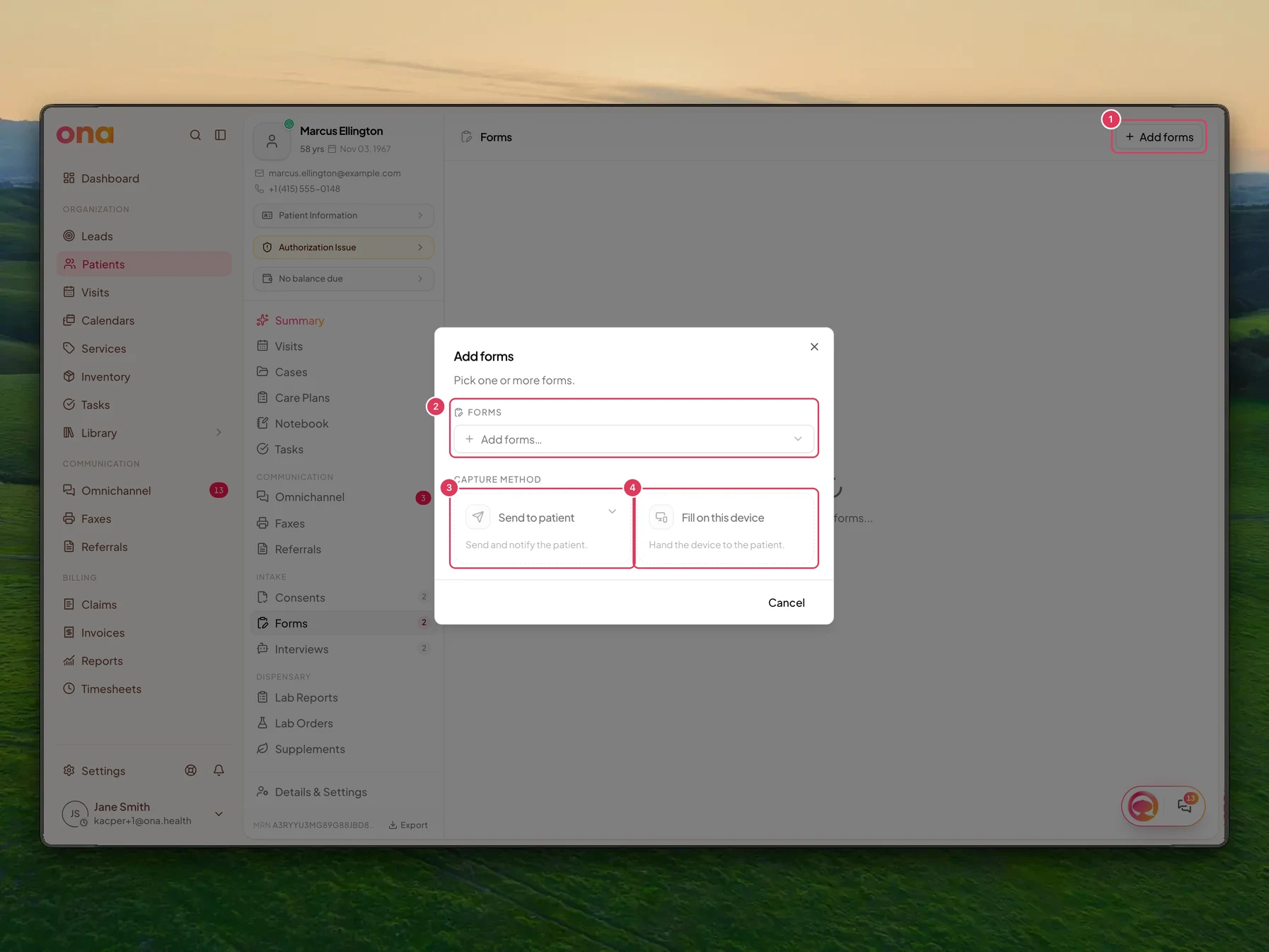 The patient Forms tab is open with the Add forms dialog showing the form template picker and capture method options for sending forms to the patient or filling them on this device.