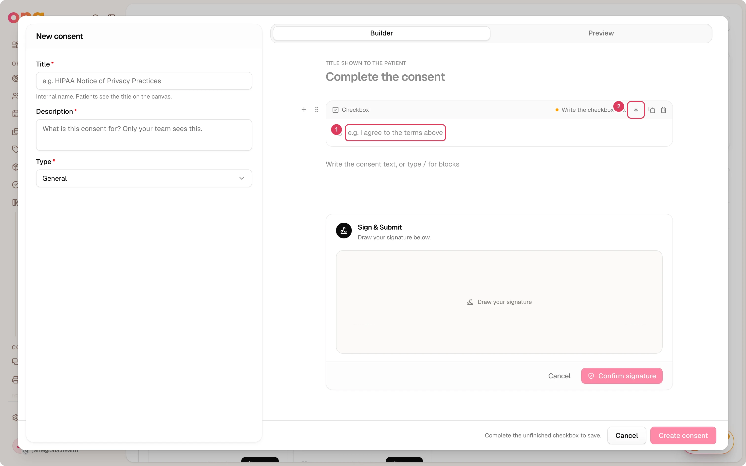 The consent builder is open on a checkbox block, with the checkbox statement field and the Required to sign toggle visible in the canvas card.