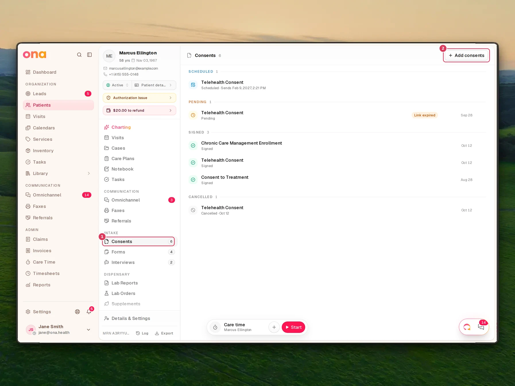 Marcus Ellington’s chart is open on the Consents section, with the Consents tab selected in the patient sections list and an Add consents button in the main pane.