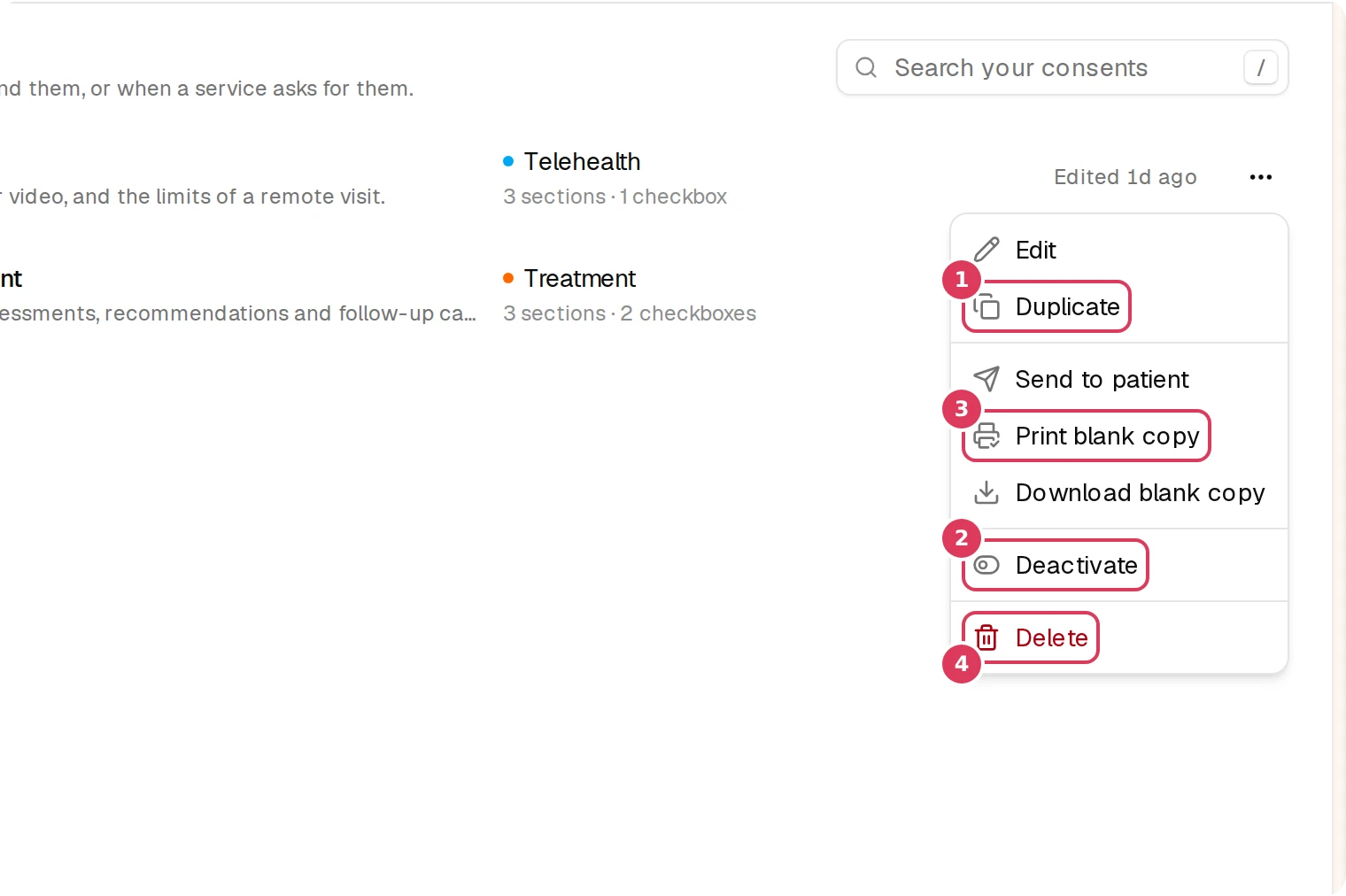 An open Consent actions menu shows menu items for Edit, Duplicate, Send to patient, Print blank copy, Download blank copy, Deactivate, and Delete.