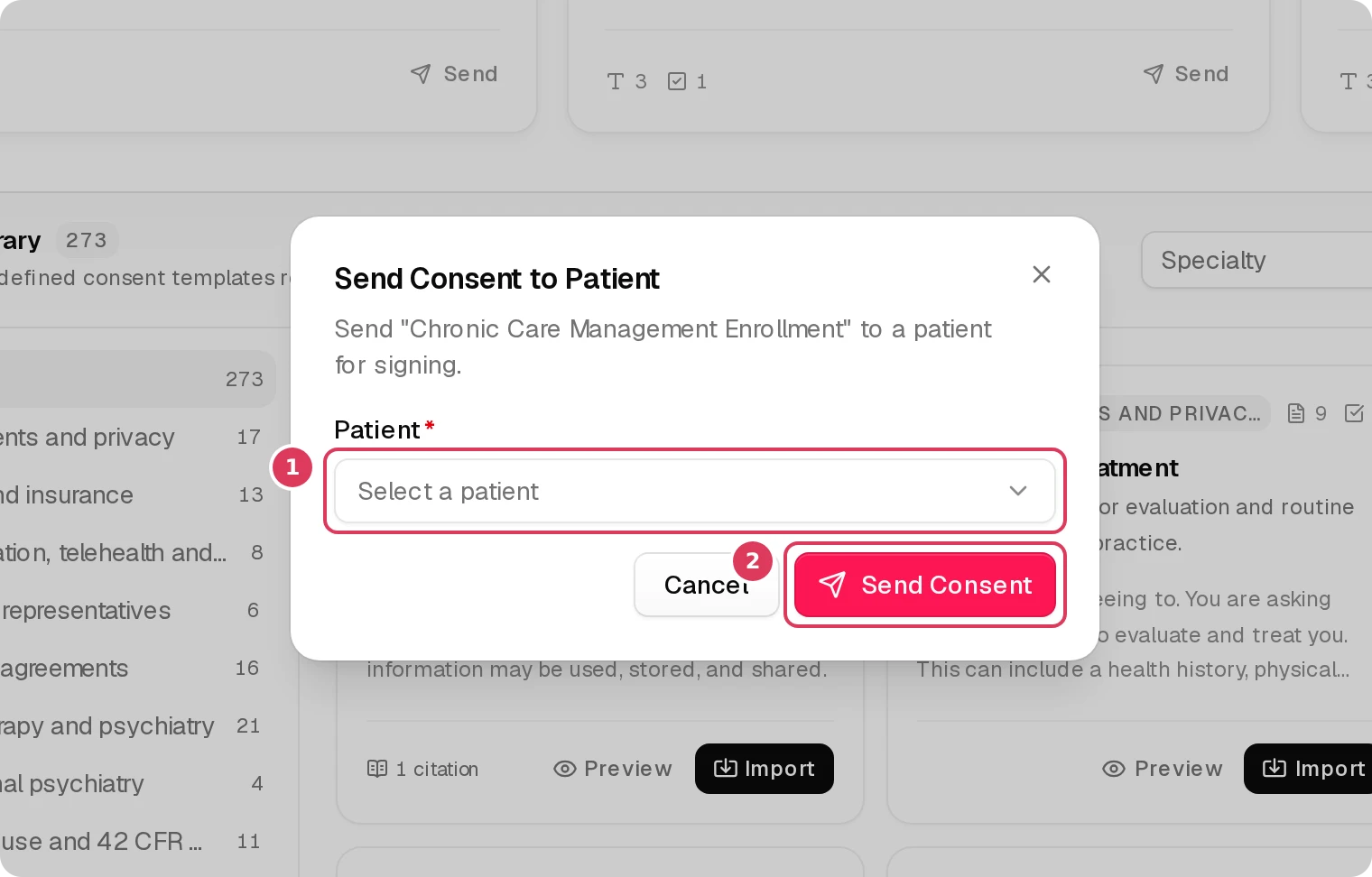 The Send Consent to Patient dialog is open, with a Patient selector and a Send Consent button.