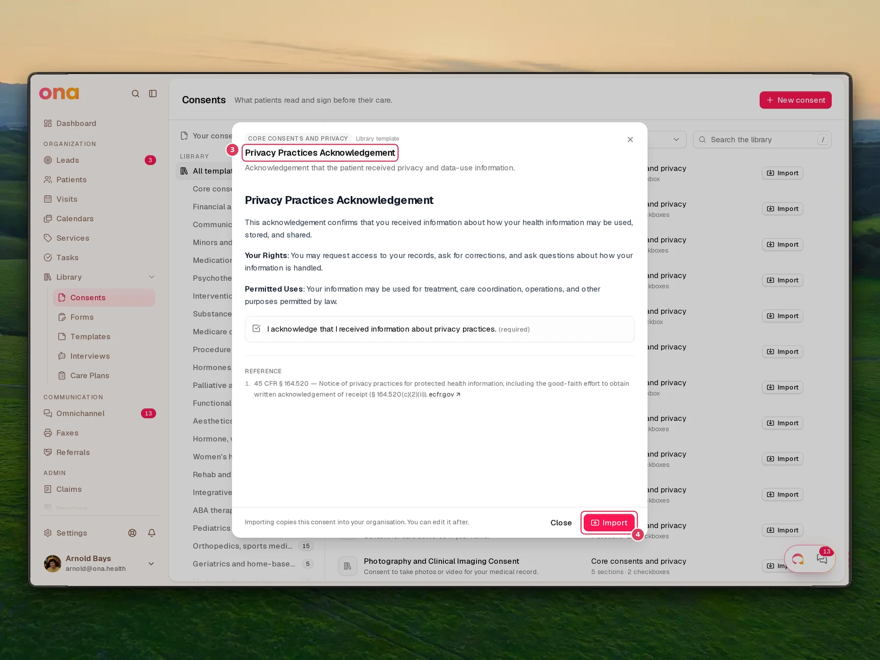 The Consents page is open with the Privacy Practices Acknowledgement template preview dialog in front, showing the template title and description, the consent text and reference section, and buttons to Close or Import.
