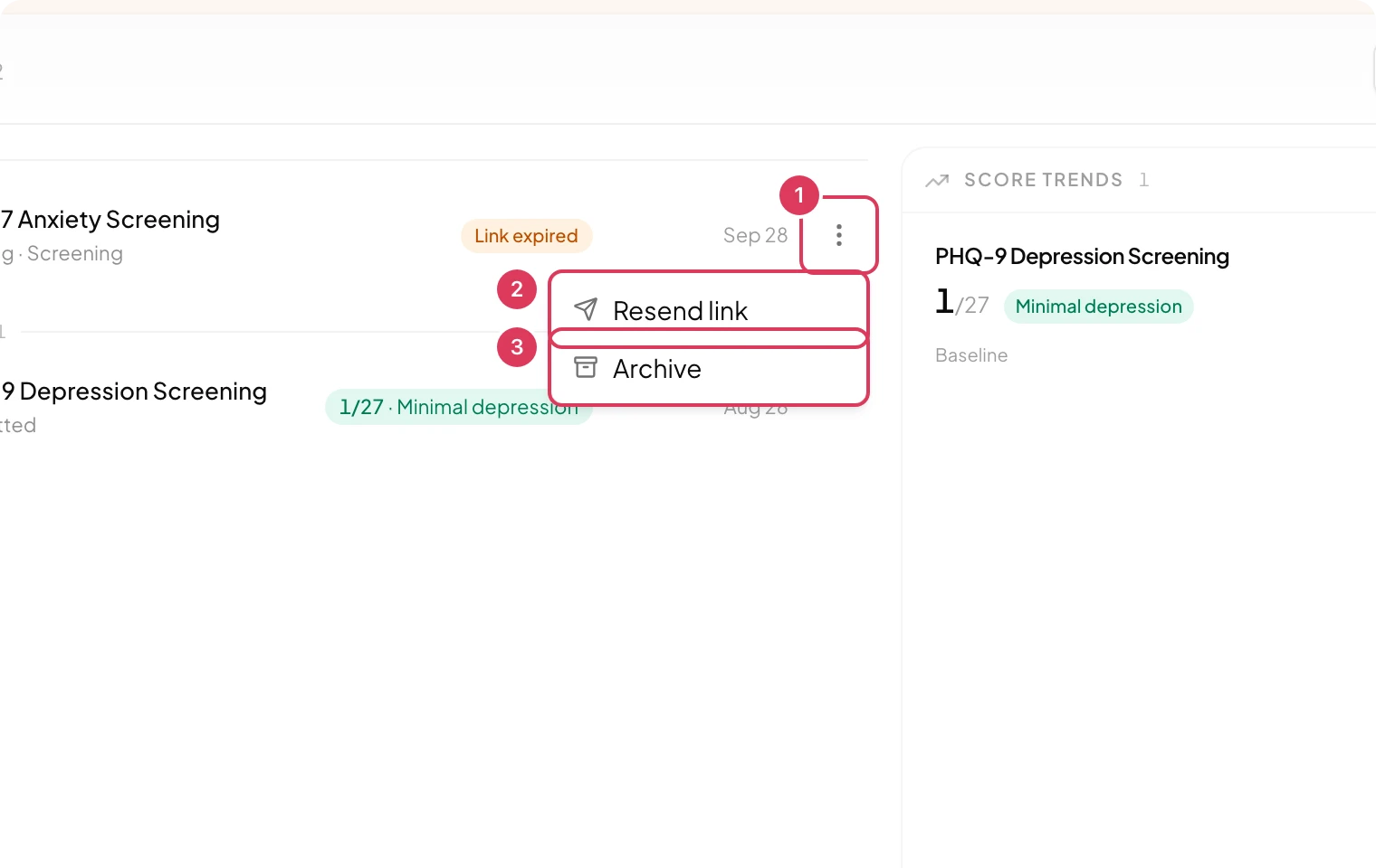 The Form actions menu is open on a patient form row, showing available follow-up actions such as Resend link and Archive.