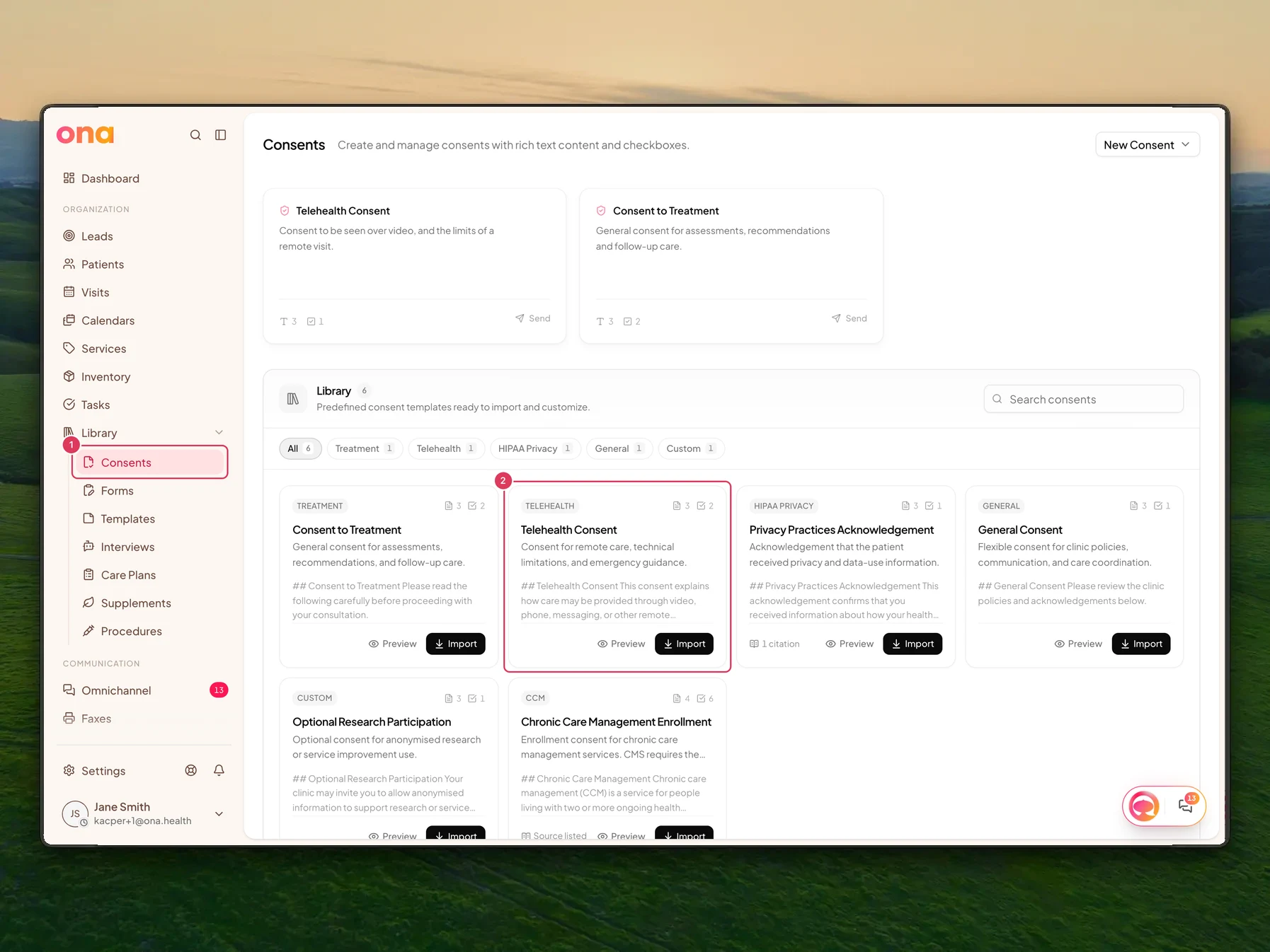 The Consents library is open from the main sidebar, showing consent templates where a consent template can be selected.