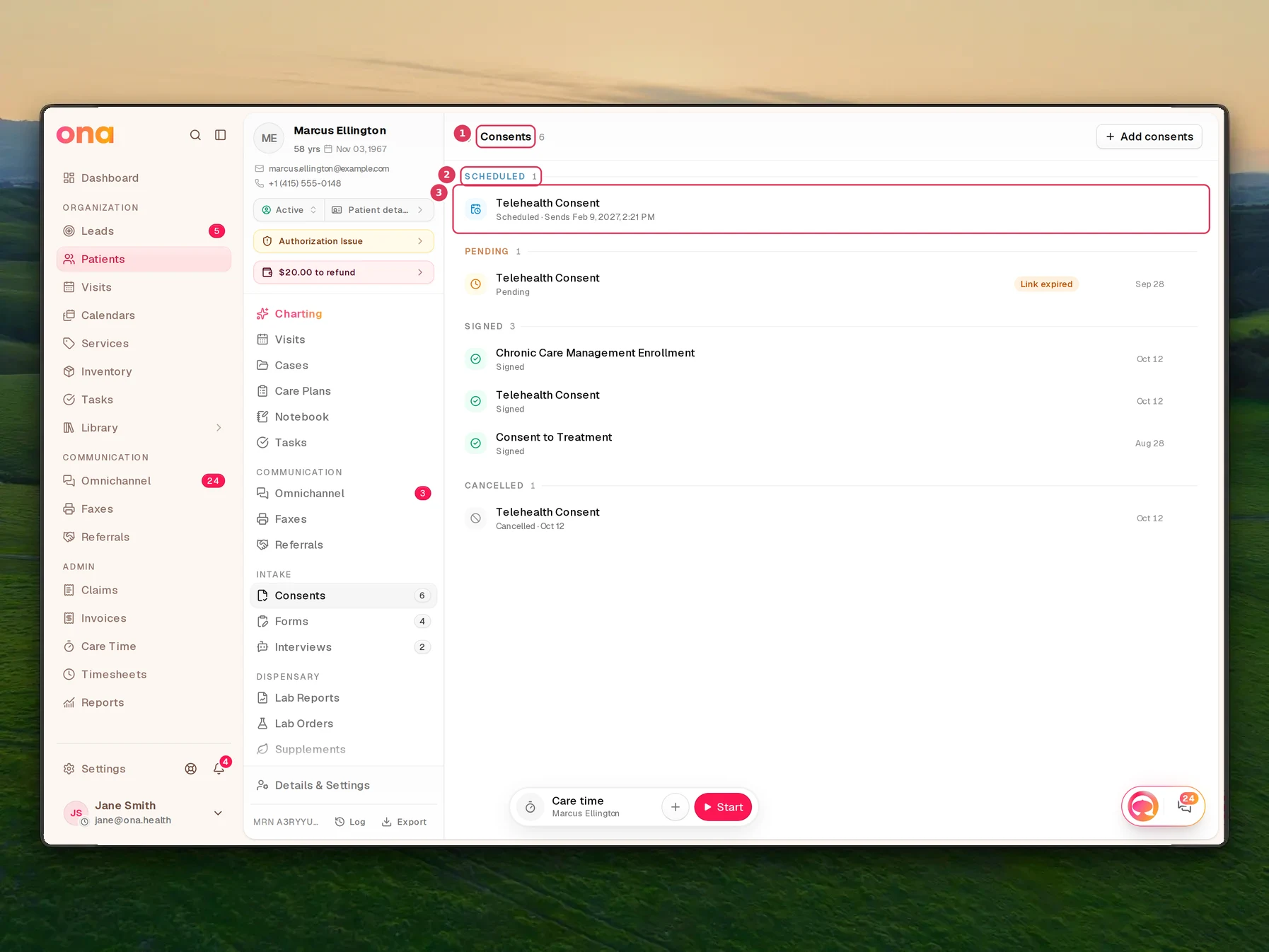 Marcus Ellington’s patient chart is open on the Consents section, showing Scheduled, Pending, Signed, and Cancelled consent groups with individual consent rows and row actions.