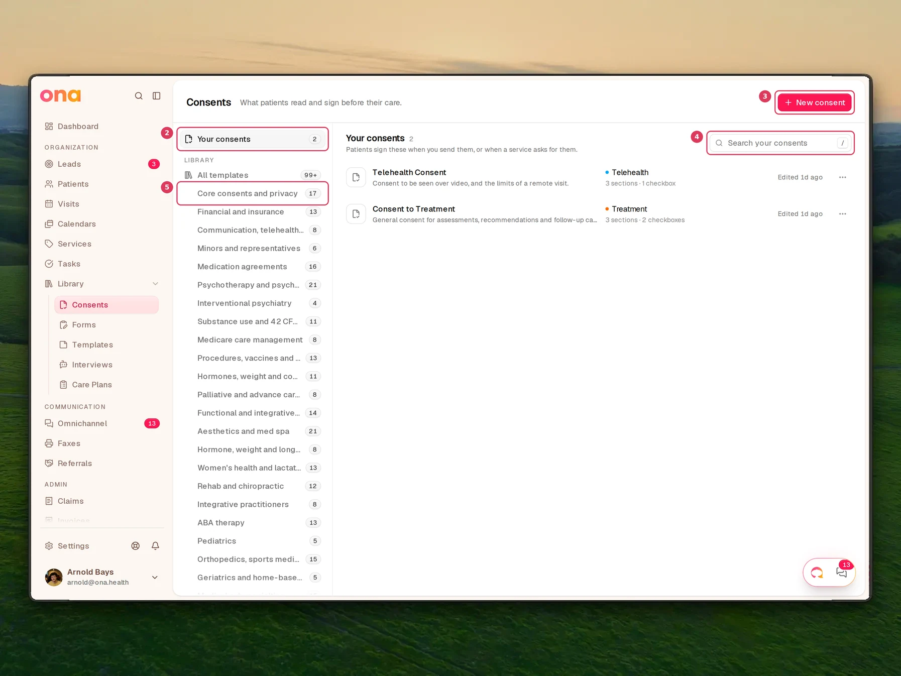 The Consents page is open, showing the Your consents section with a search field and two consent templates, alongside a library category list in the left panel and a New consent button at the top.