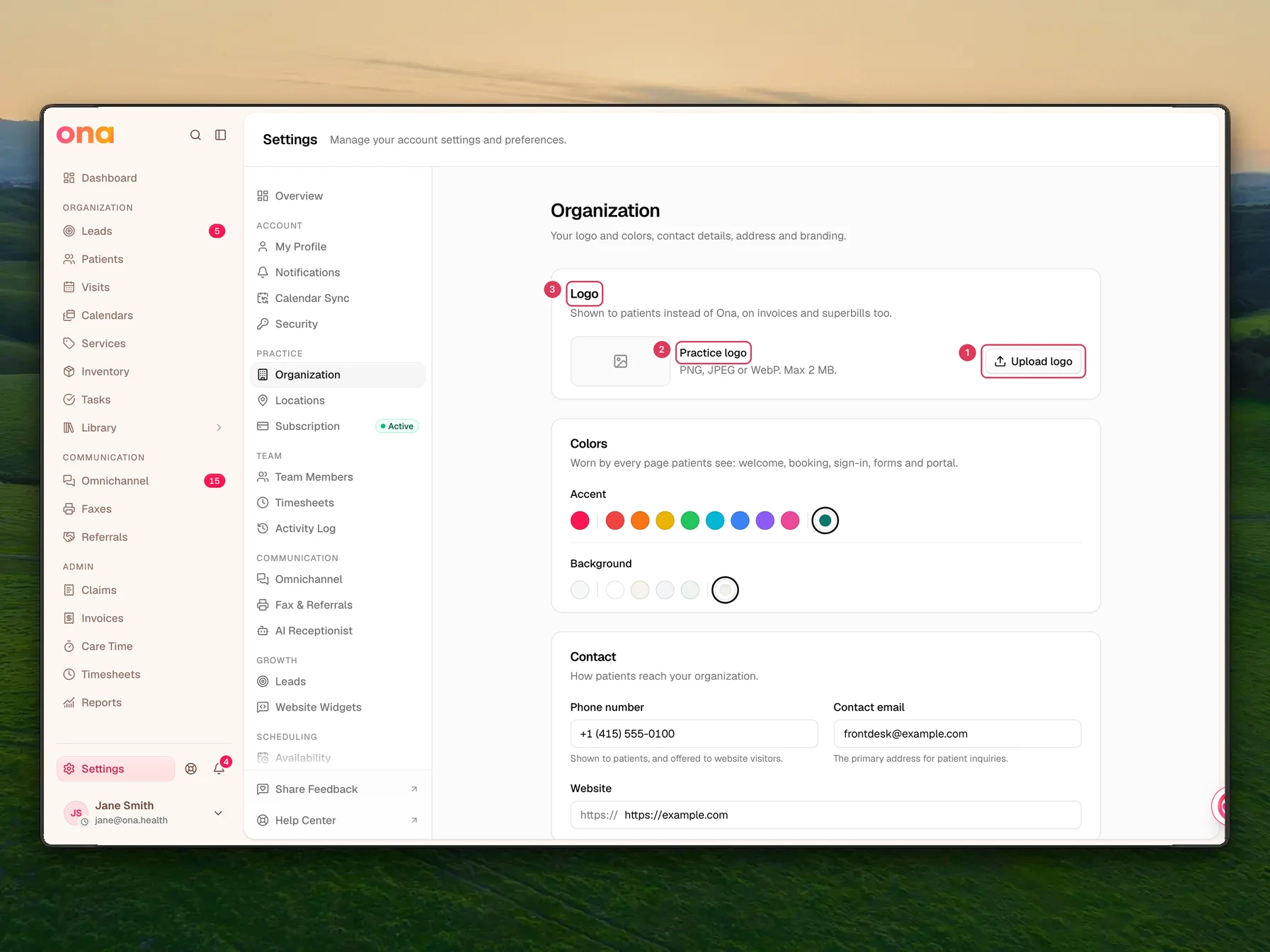 The Organization settings page is open to the Logo section, showing the Practice logo area with an Upload logo button and the surrounding Organization settings content.