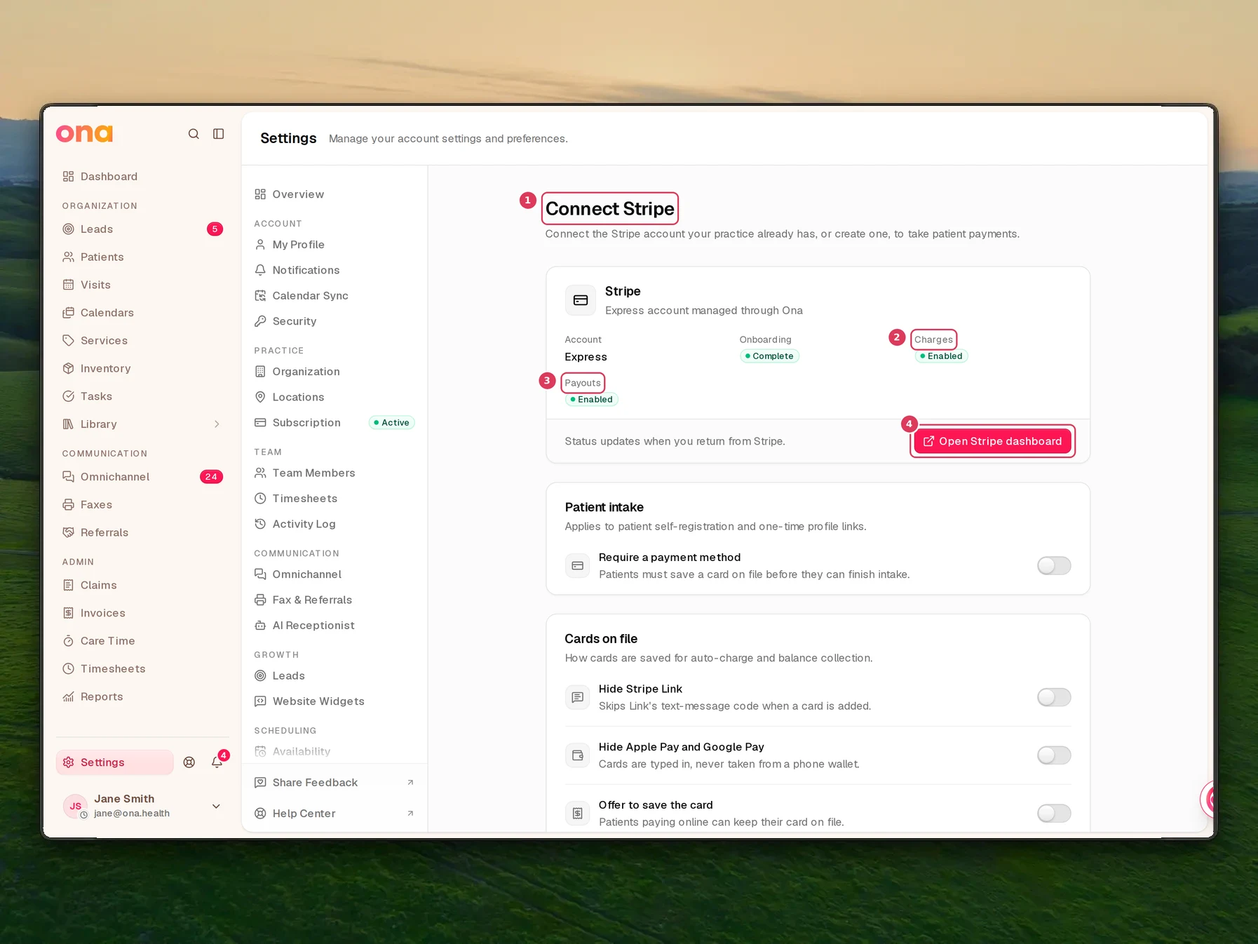 The Connect Stripe settings page shows a Stripe status card for an Express account with complete onboarding, charges enabled, payouts enabled, and an Open Stripe dashboard button.