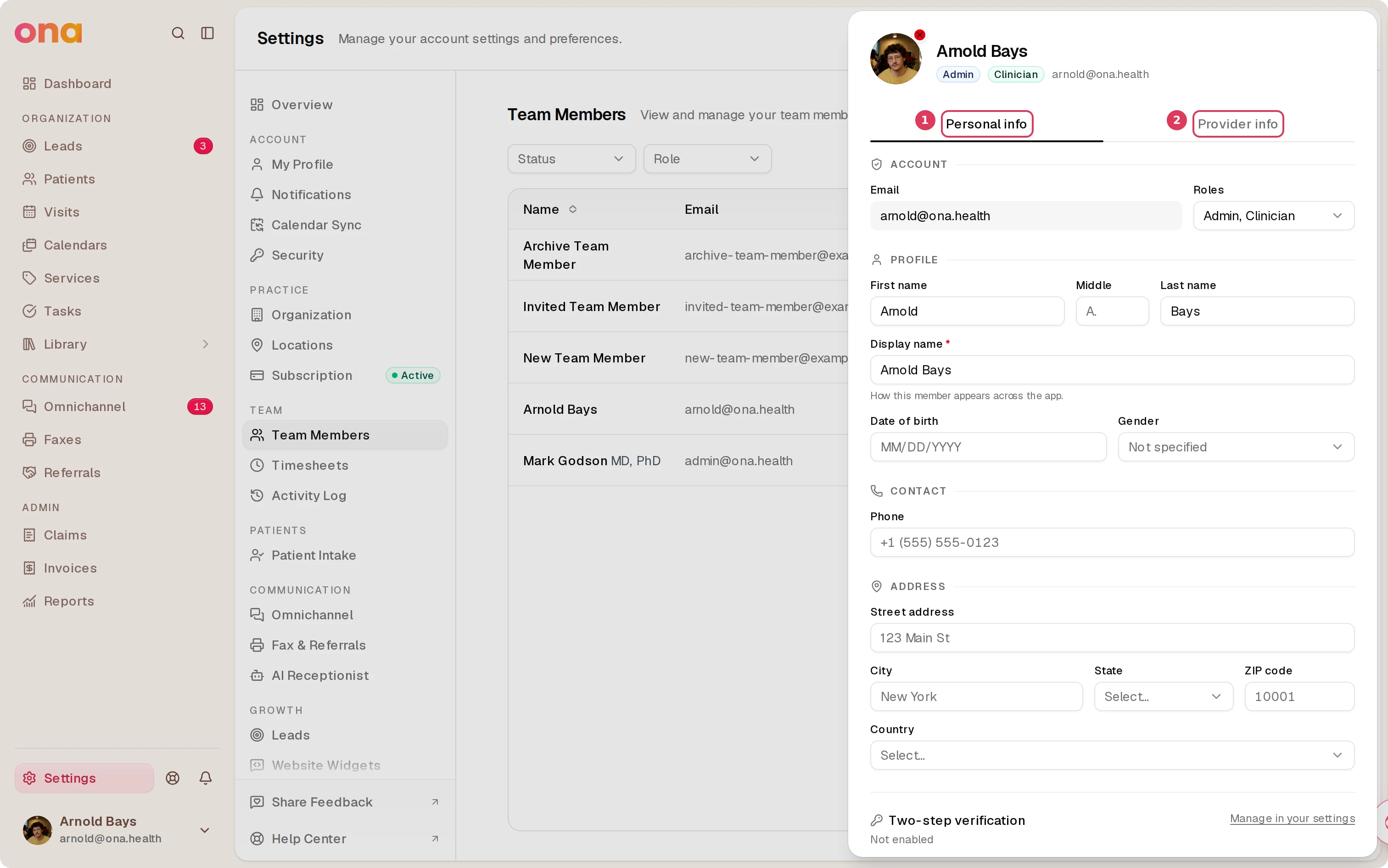 A team member record is open in a side panel for Arnold Bays, with the Personal info tab selected, a Provider info tab beside it, and editable profile fields visible below.