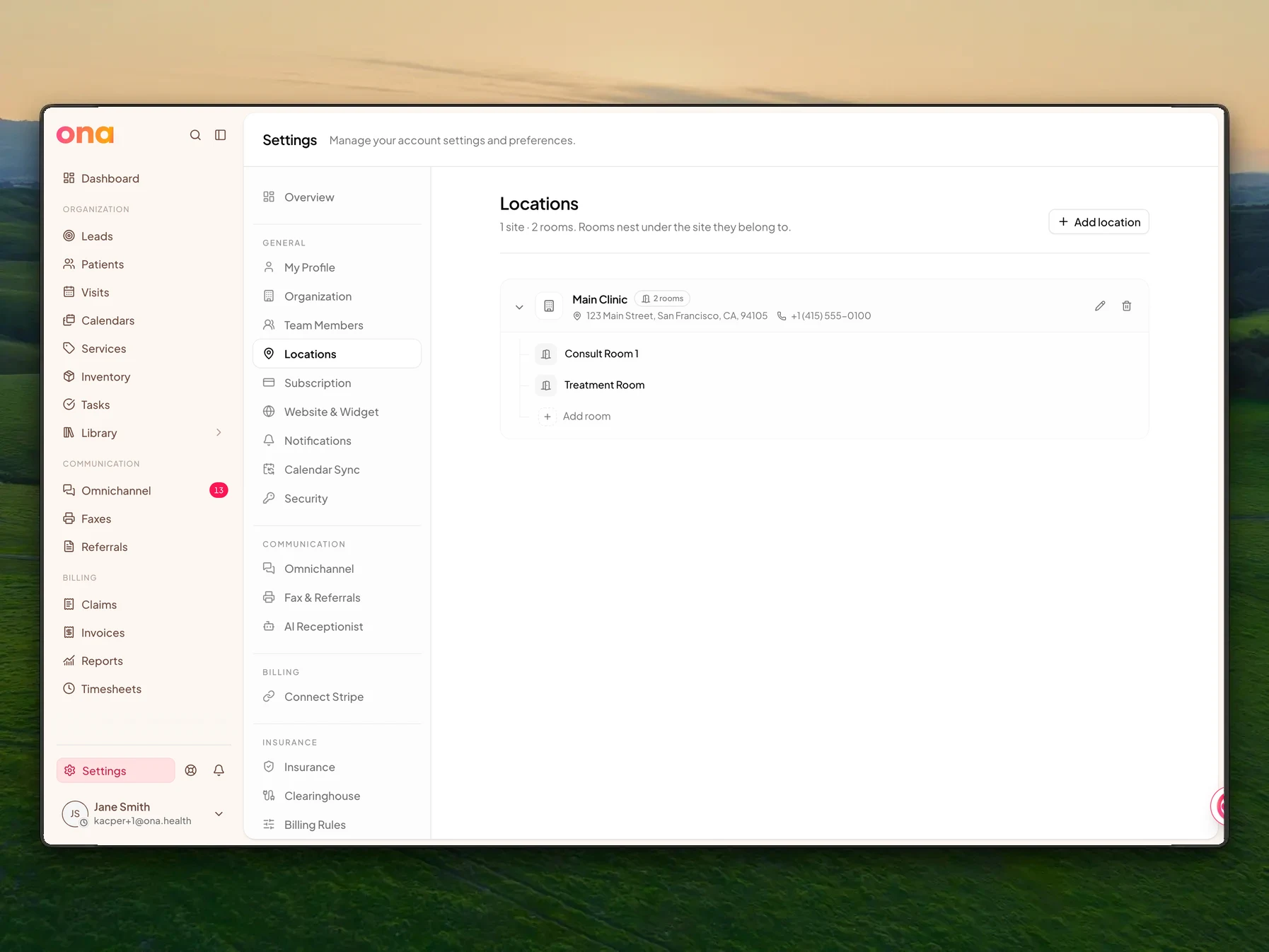 The Locations settings page shows site cards with nested rooms, room counts, and actions to add, edit or delete locations.