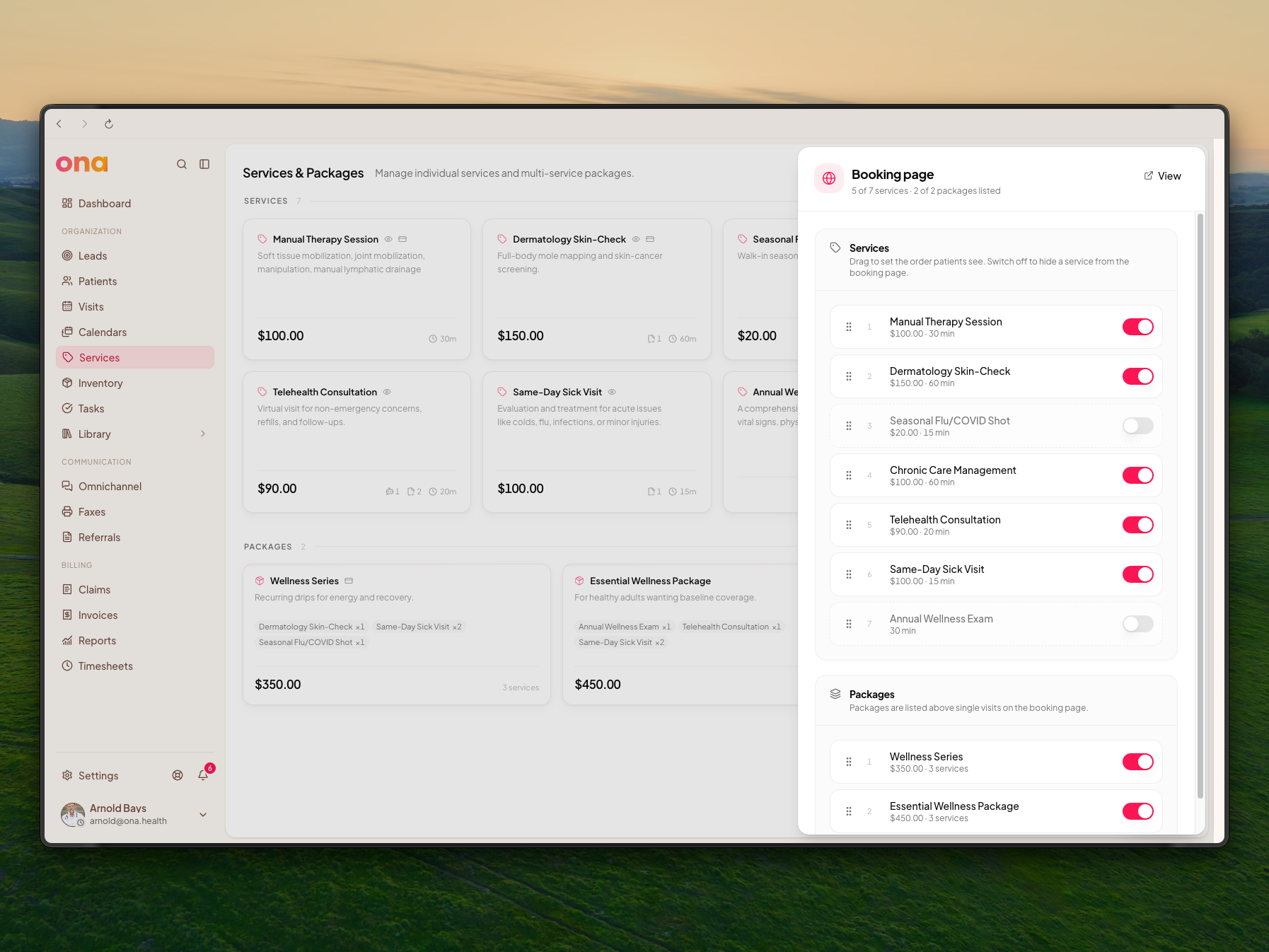 The Booking page panel lists services and packages with drag handles and switches.